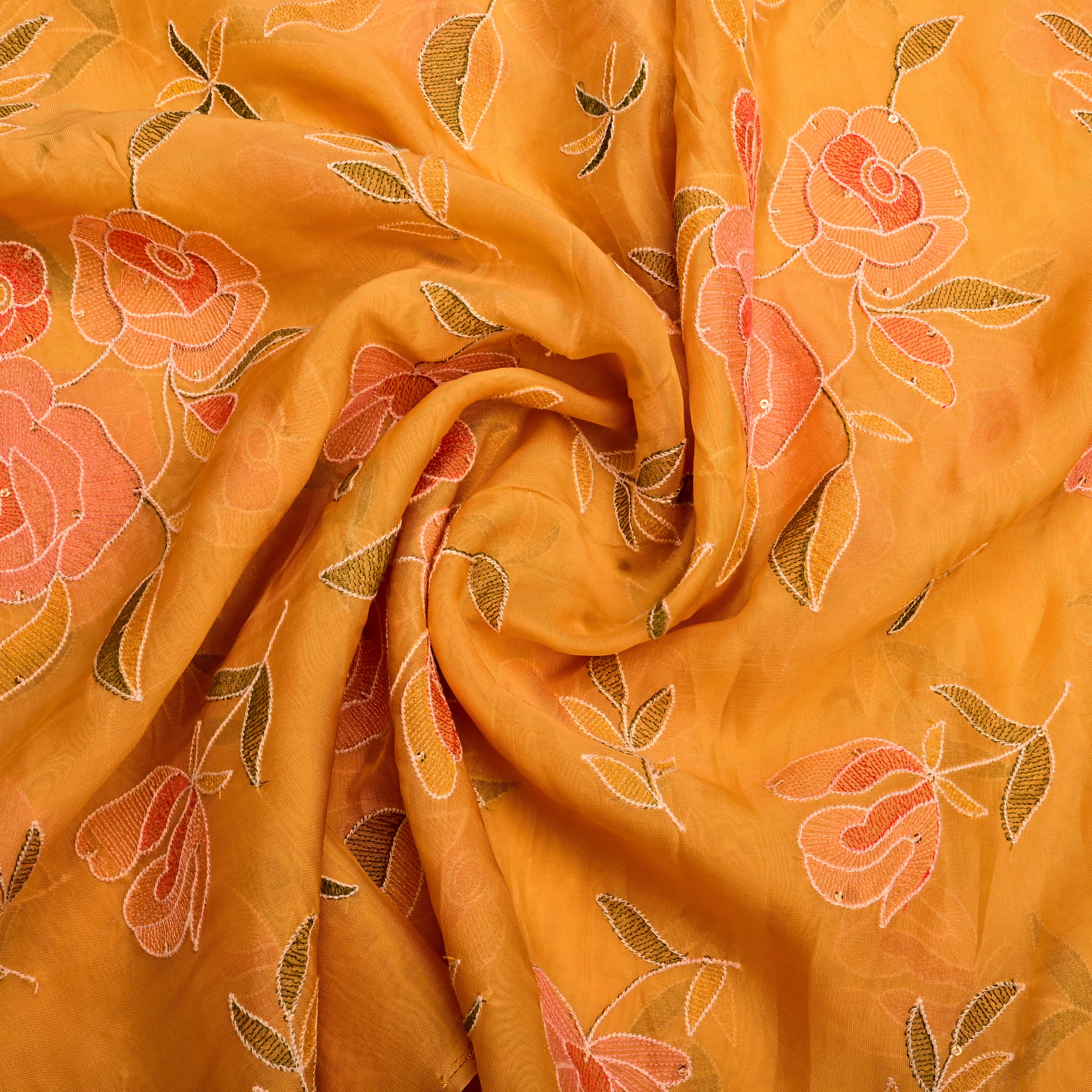 Gamboge Yellow Organza Fabric With Embroidery