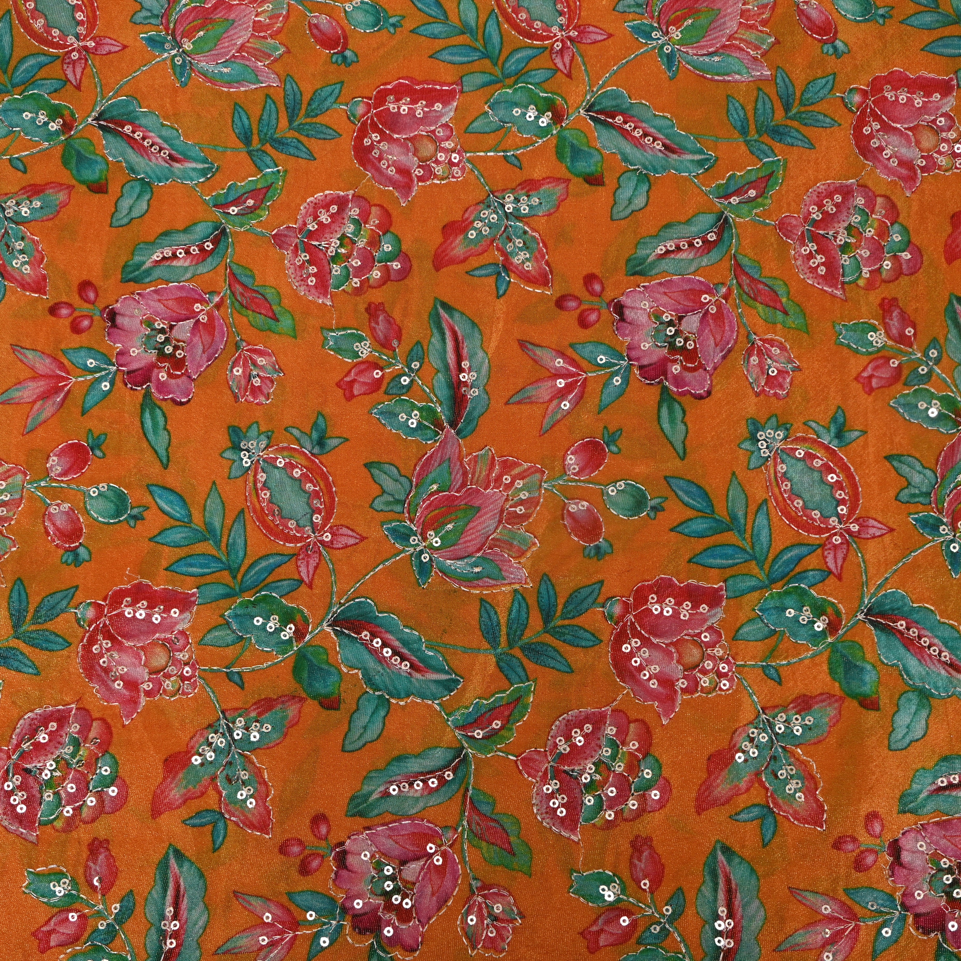 Bright Orange Floral Sequin Thread Work Tissue Fabric