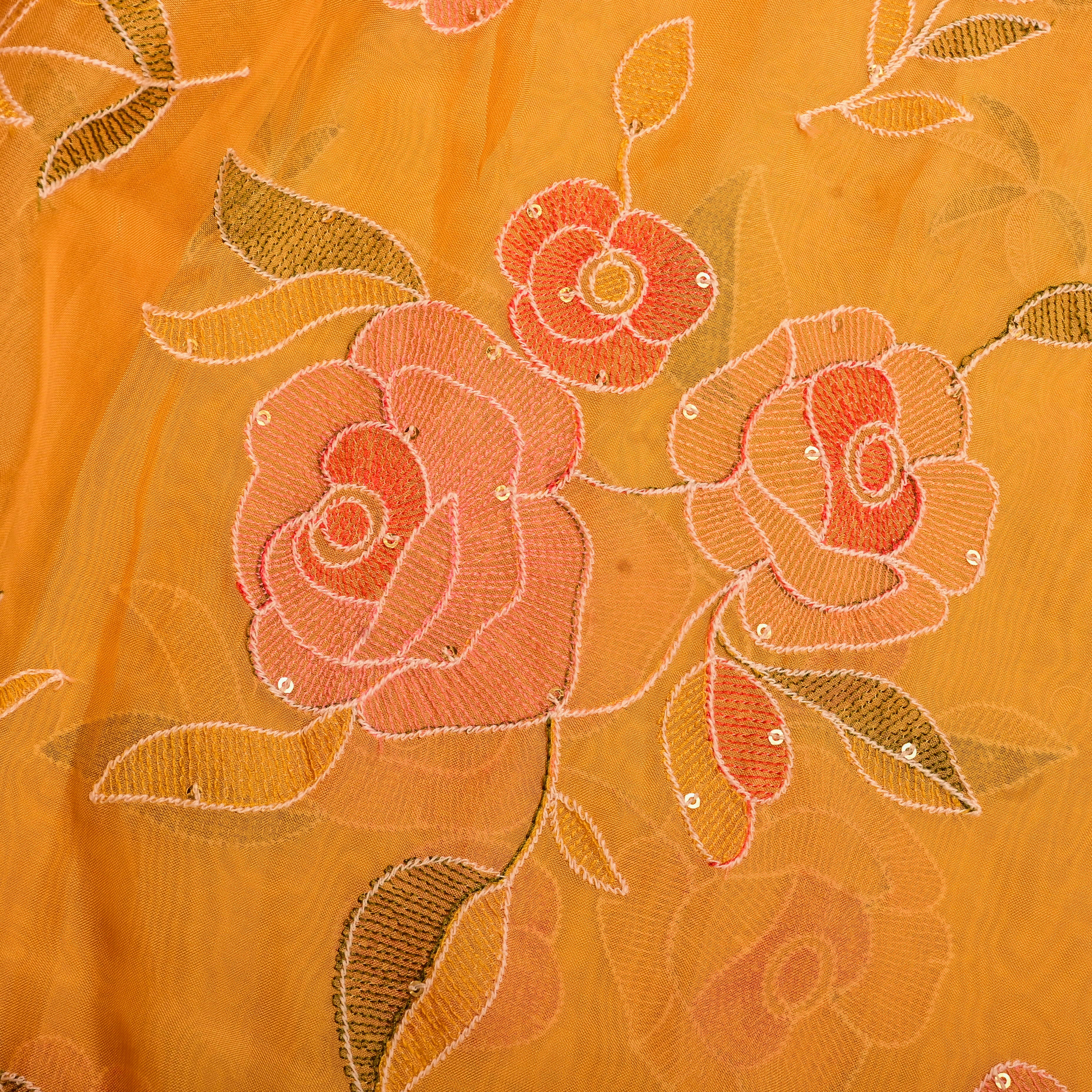 Gamboge Yellow Organza Fabric With Embroidery