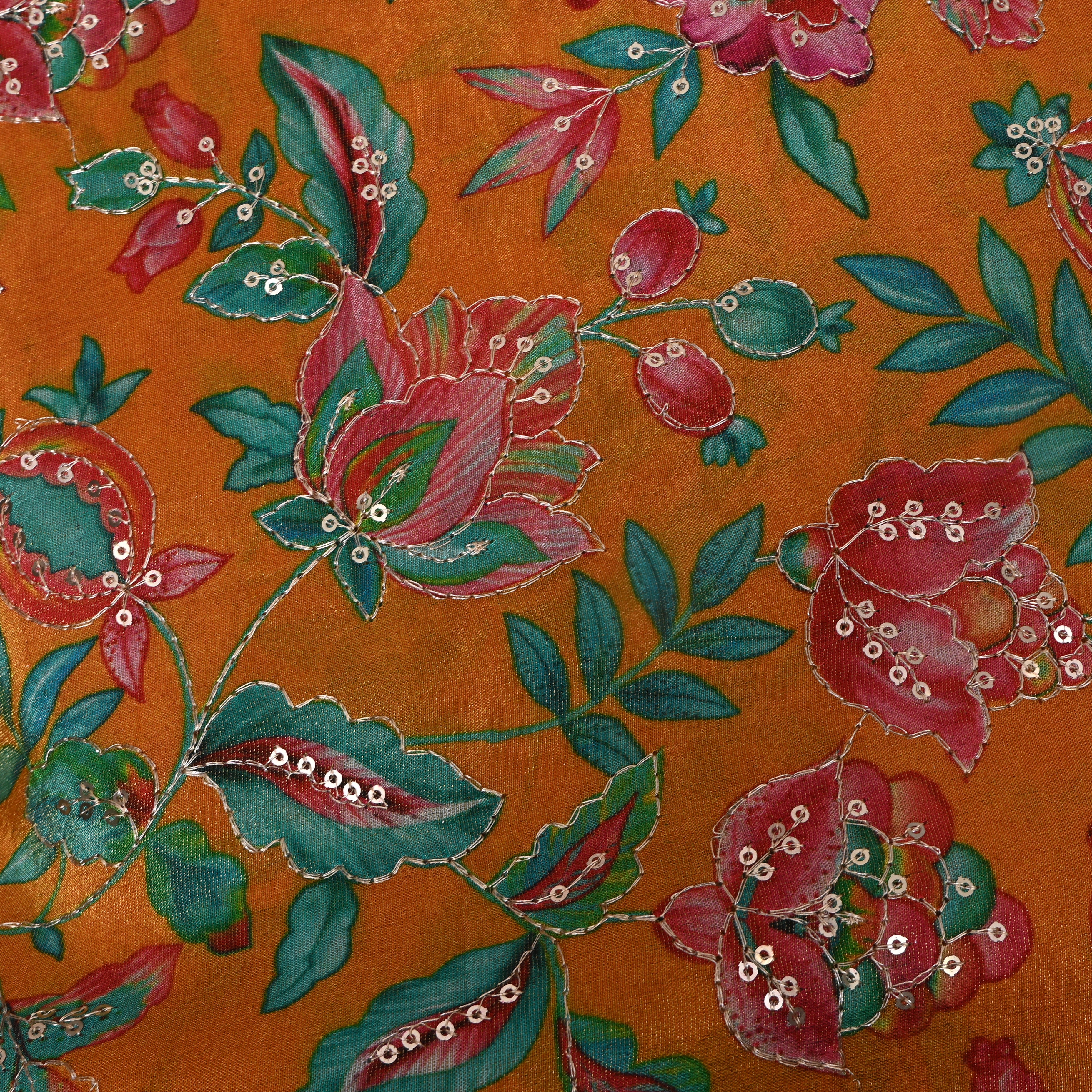 Bright Orange Floral Sequin Thread Work Tissue Fabric