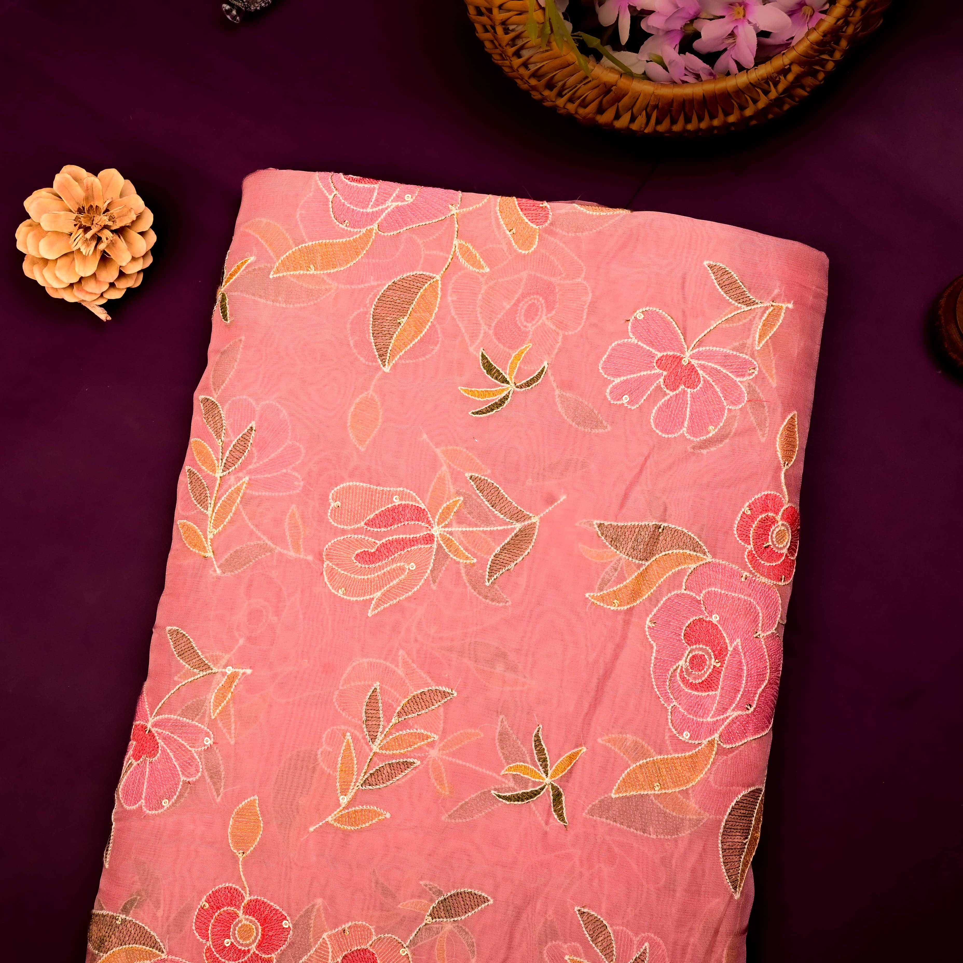 Mauvelous Pink Organza Fabric With Embroidery