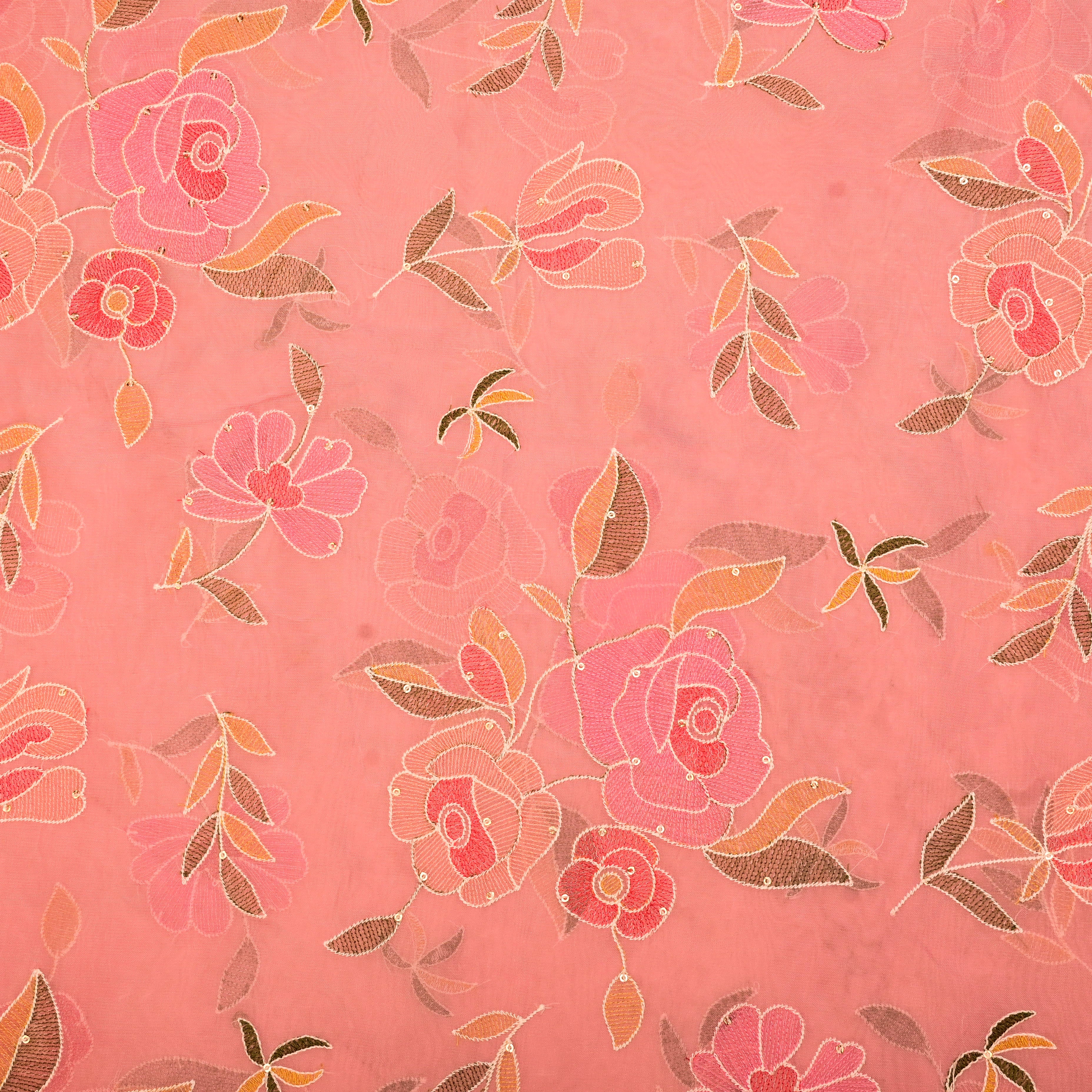 Mauvelous Pink Organza Fabric With Embroidery