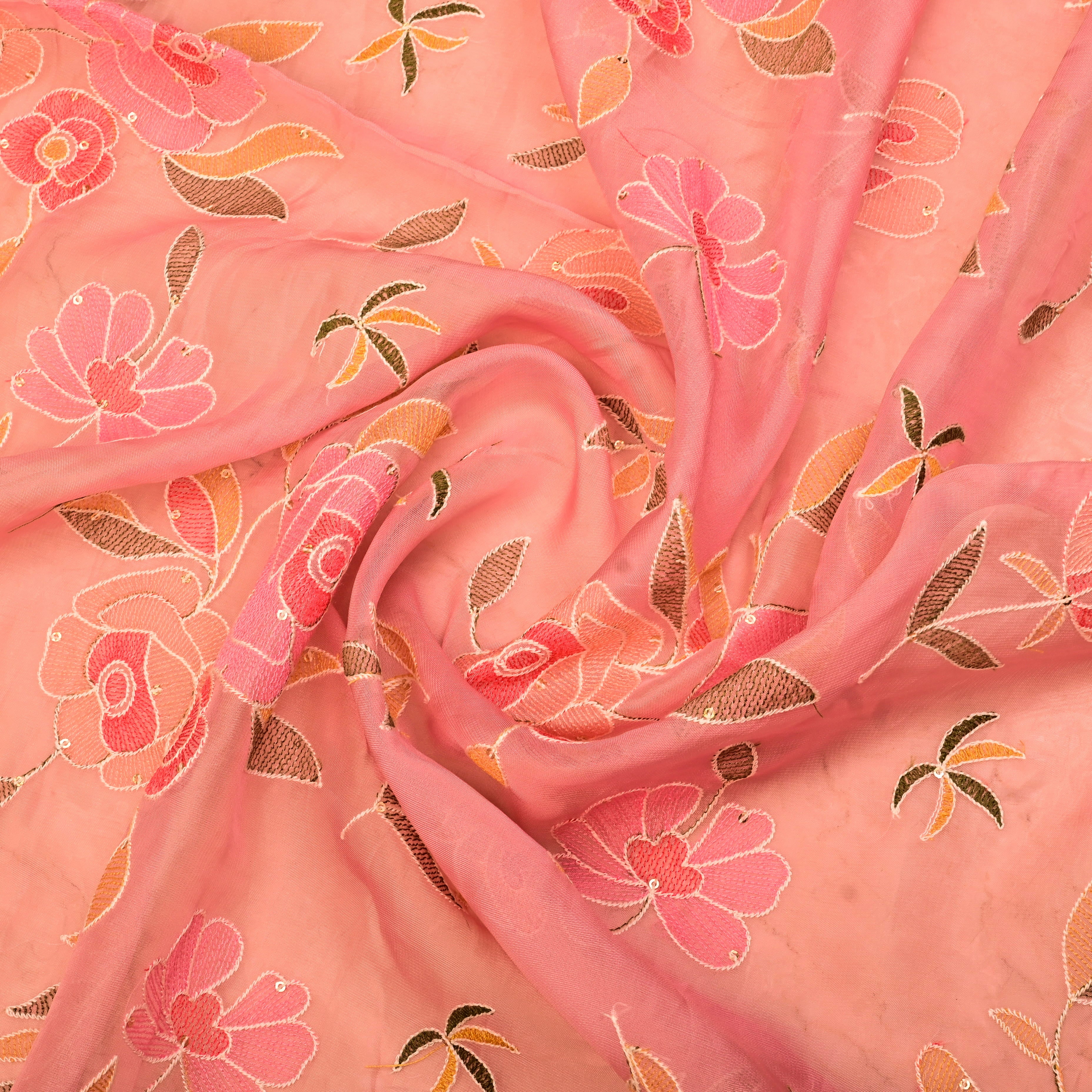 Mauvelous Pink Organza Fabric With Embroidery