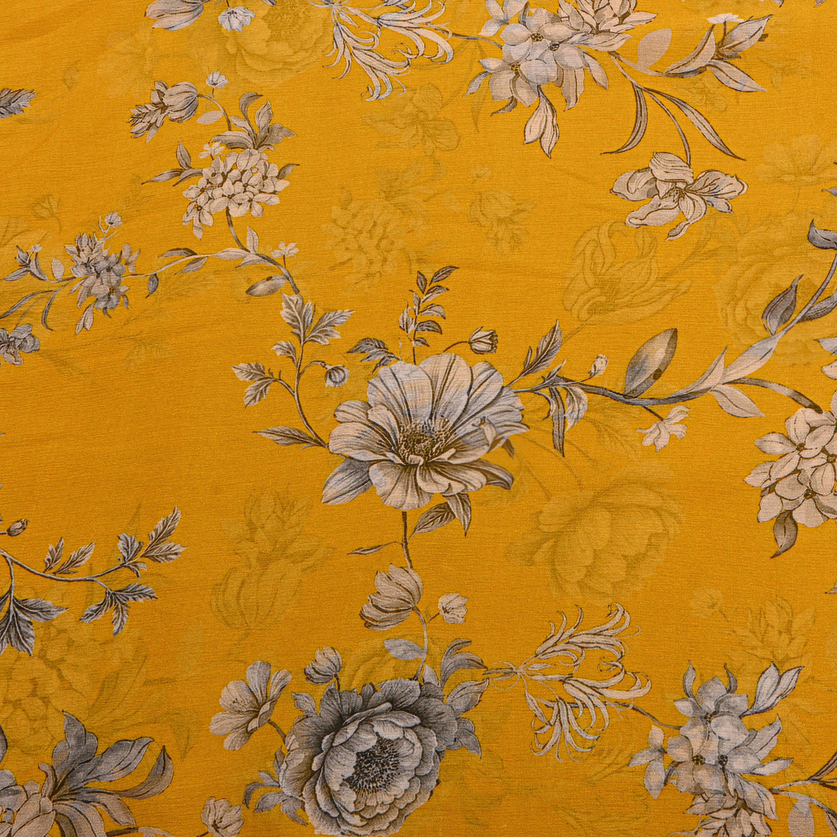 Mustard Chiffon With Grey Floral Vine Print