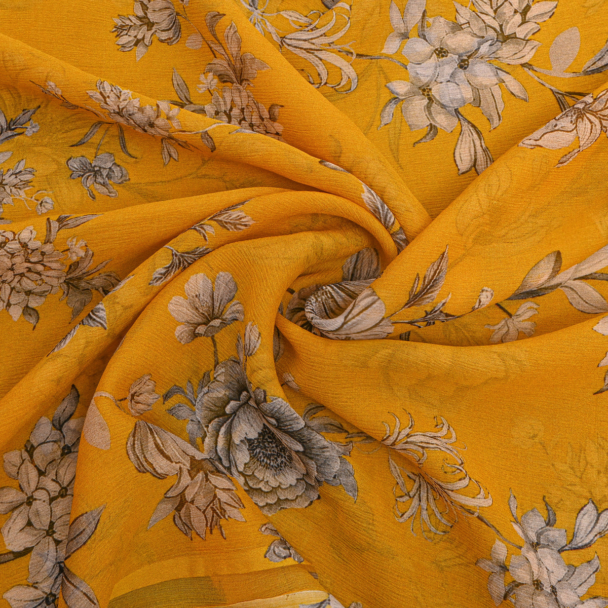 Mustard Chiffon With Grey Floral Vine Print