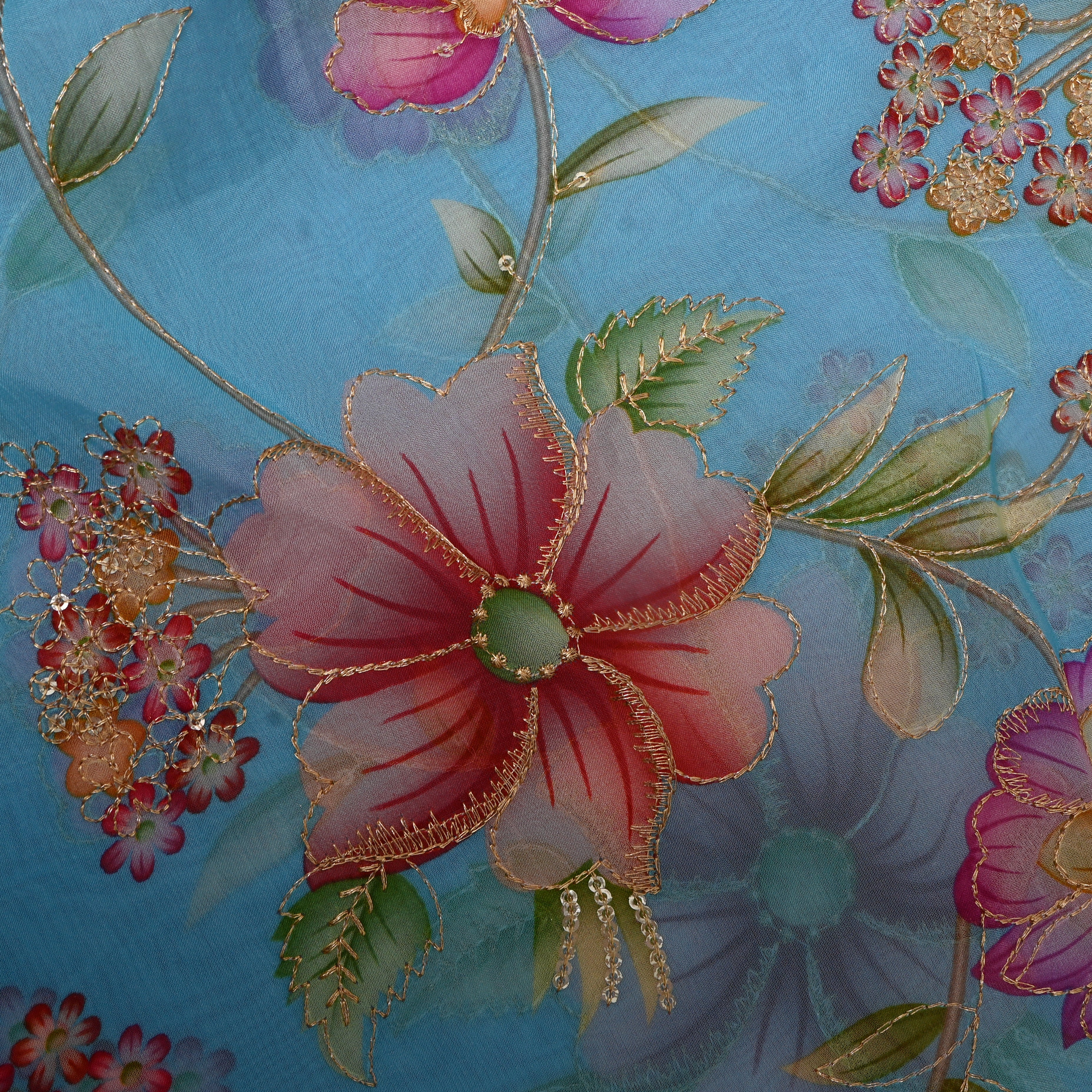 Sky Blue Multicolour Floral Sequin Embroidery Organza Fabric