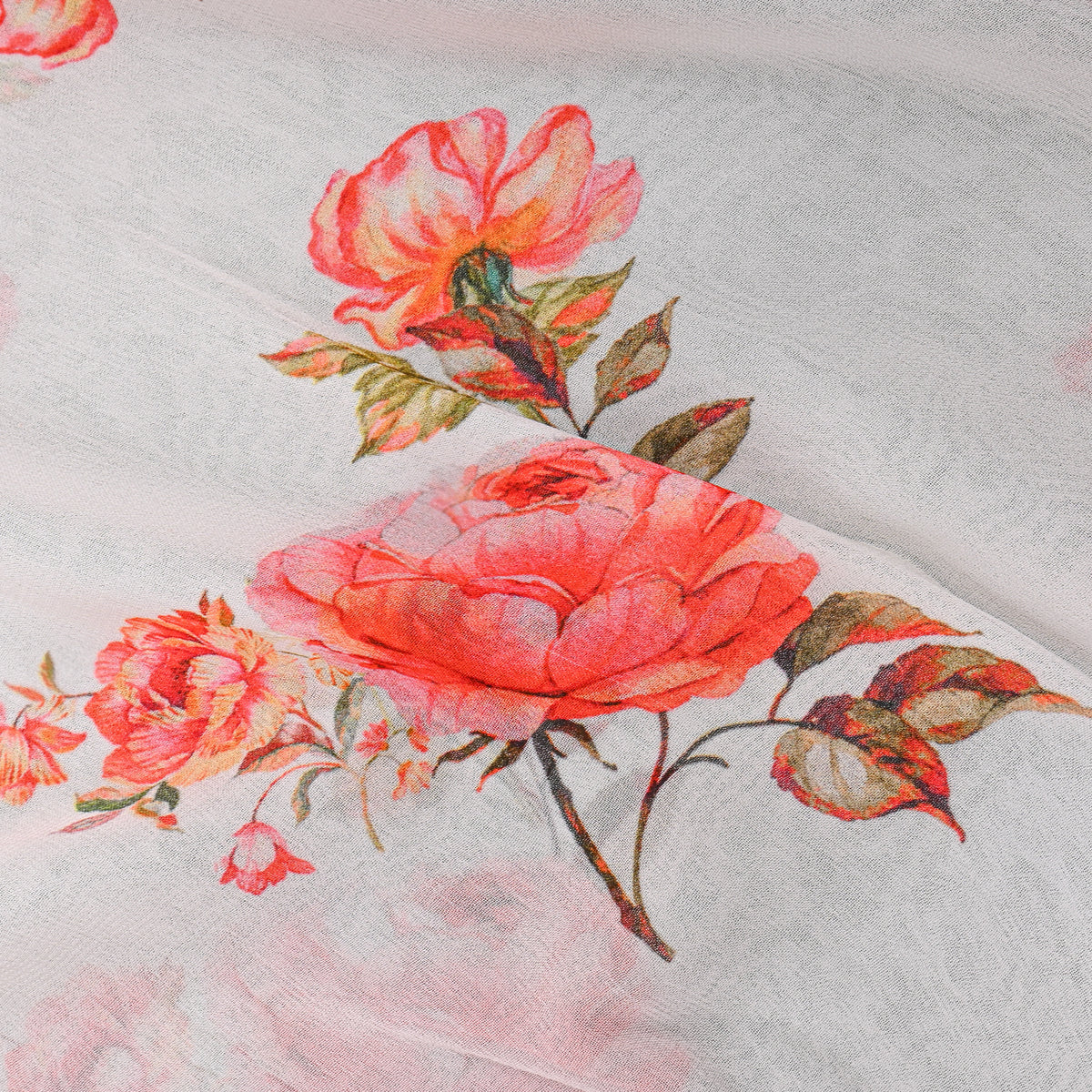 Snow White Coral Rose Print Chiffon Fabric