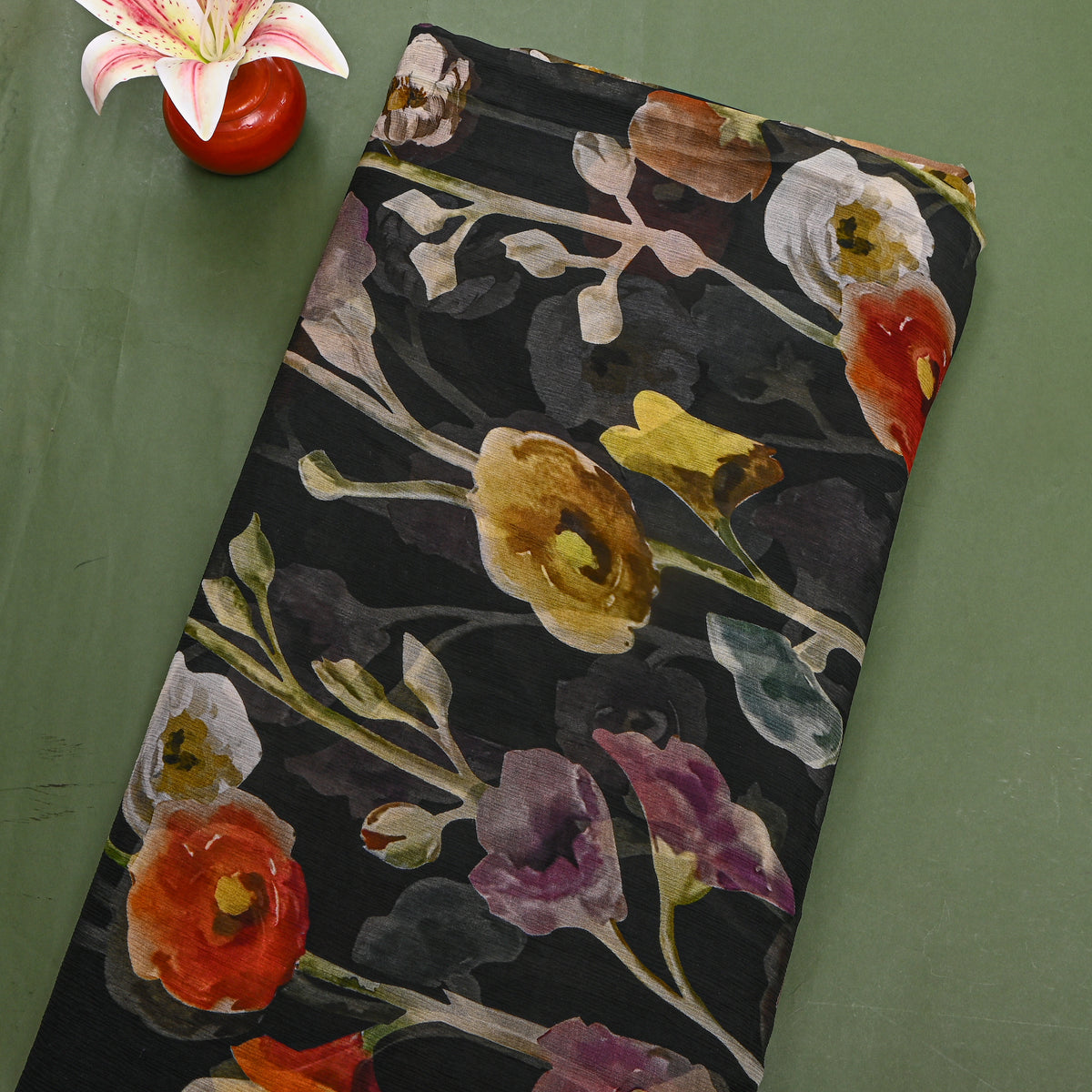 Jet Black Chiffon With Painted Floral Print