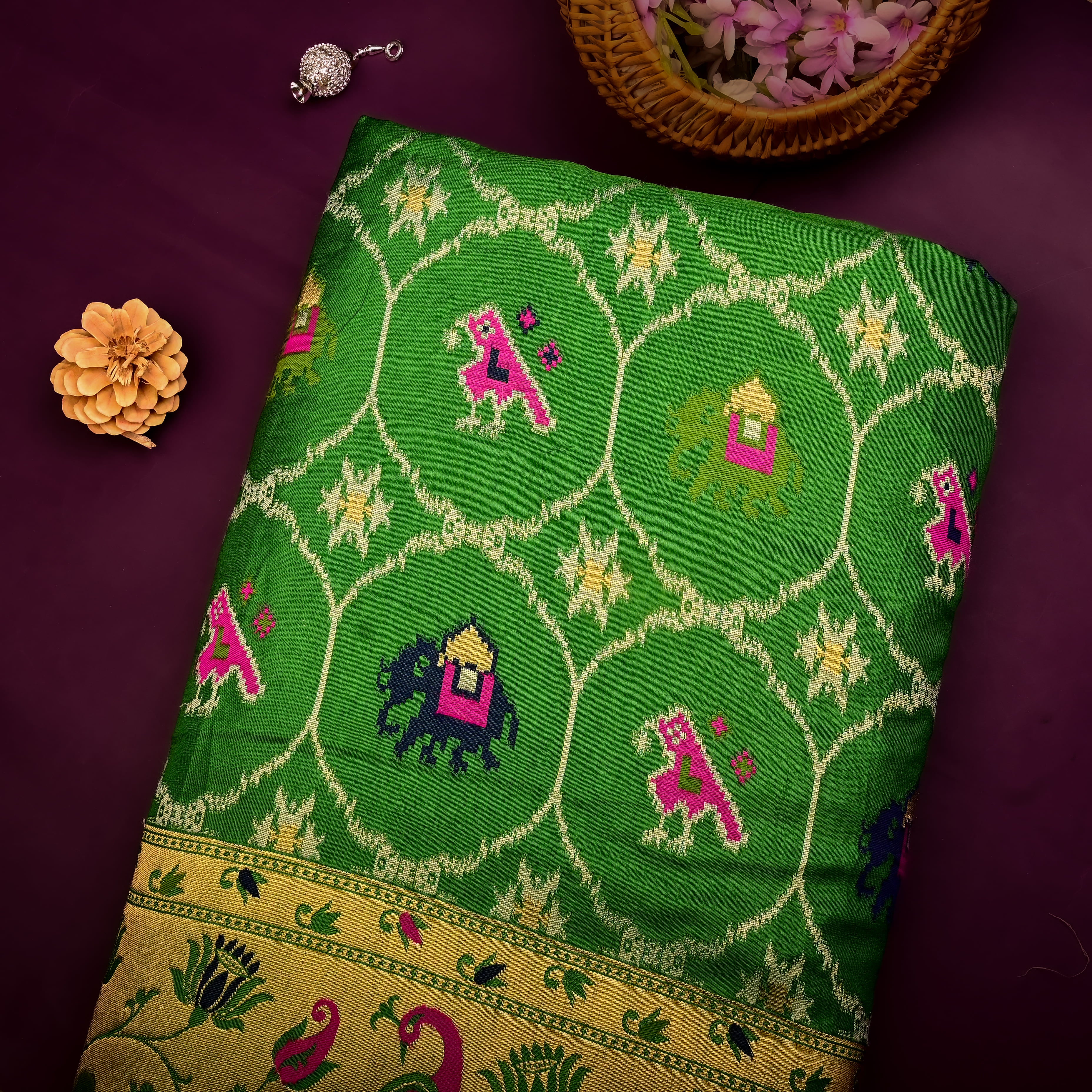 Parrot Green Banarasi Fabric With Paithani Border