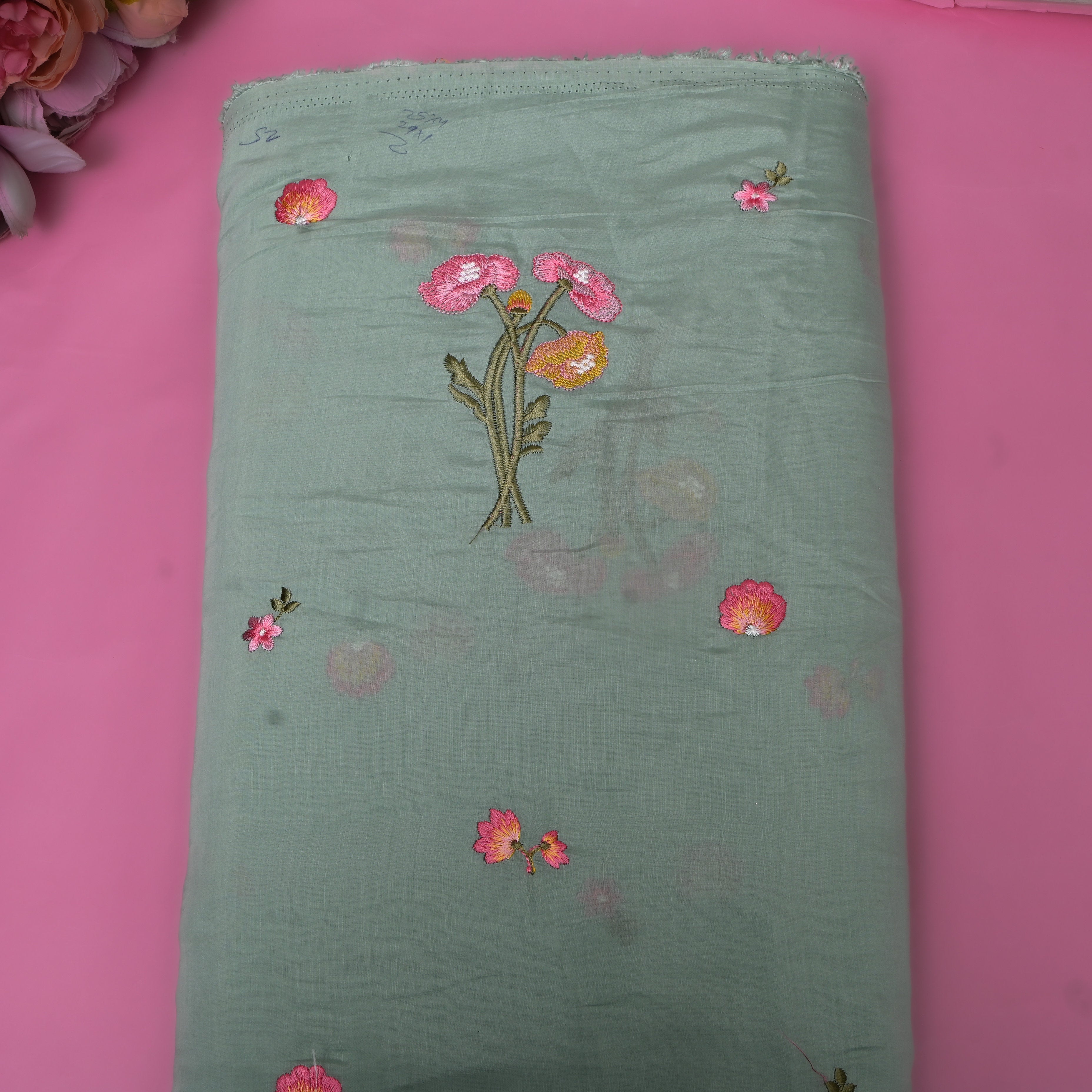 Sage Green Embroidery Silk With Poppy Bouquet Motifs