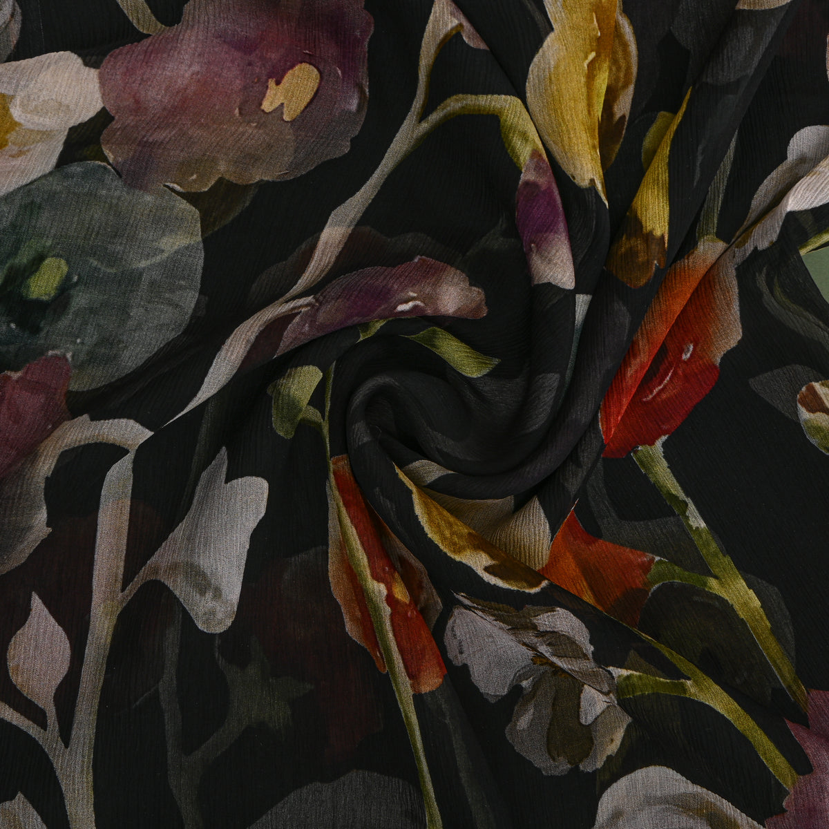 Jet Black Chiffon With Painted Floral Print