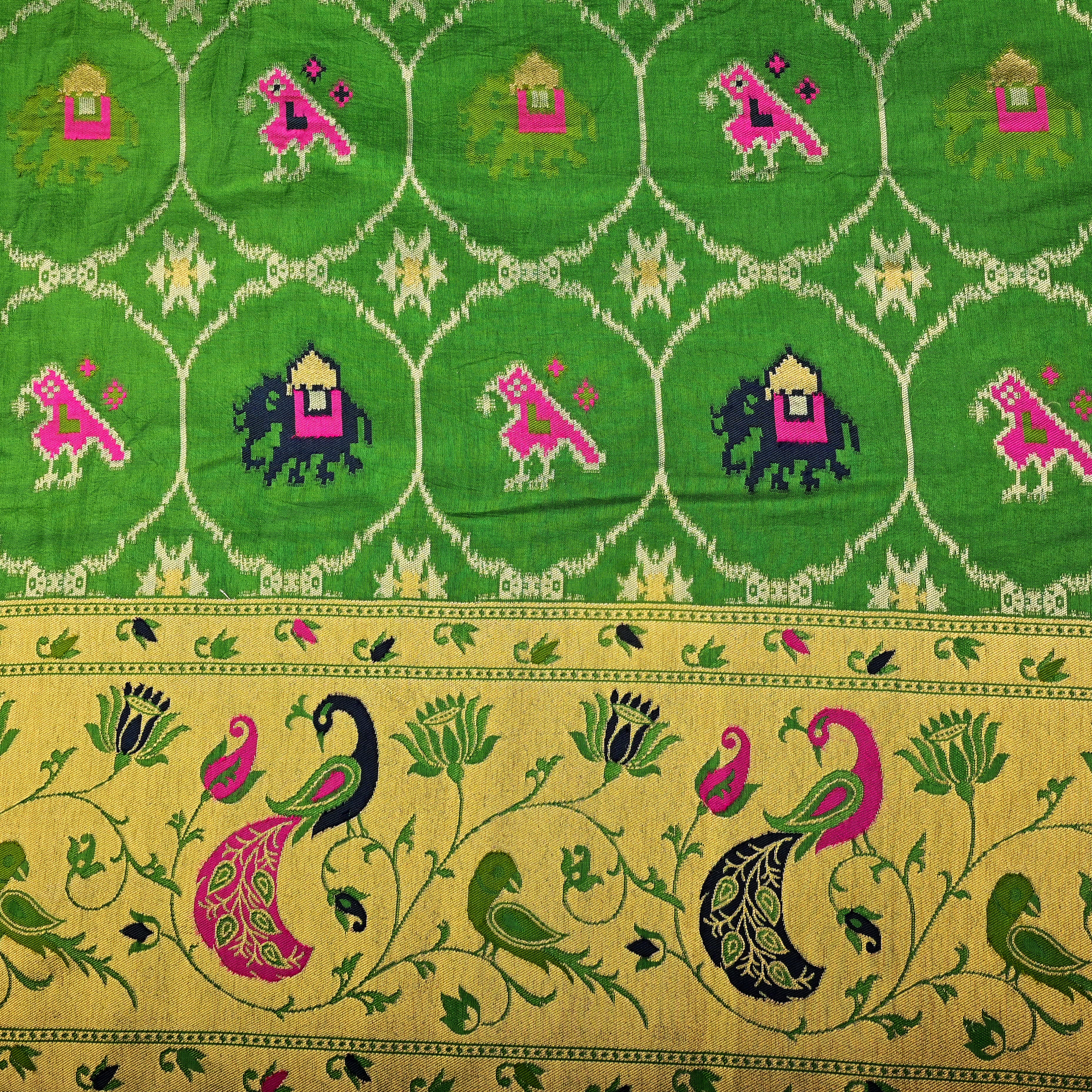 Parrot Green Banarasi Fabric With Paithani Border