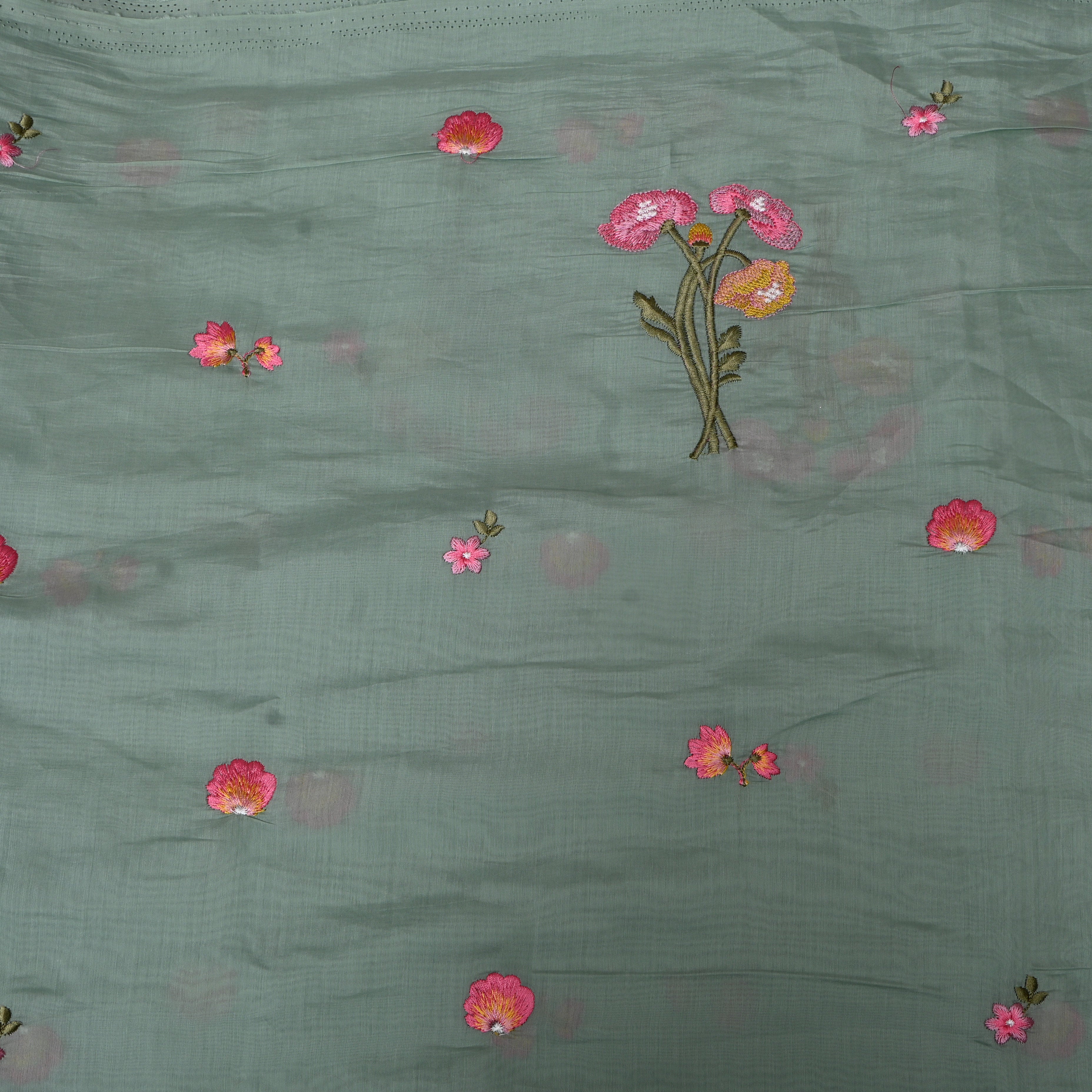 Sage Green Embroidery Silk With Poppy Bouquet Motifs