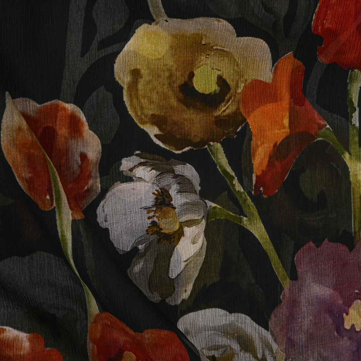 Jet Black Chiffon With Painted Floral Print