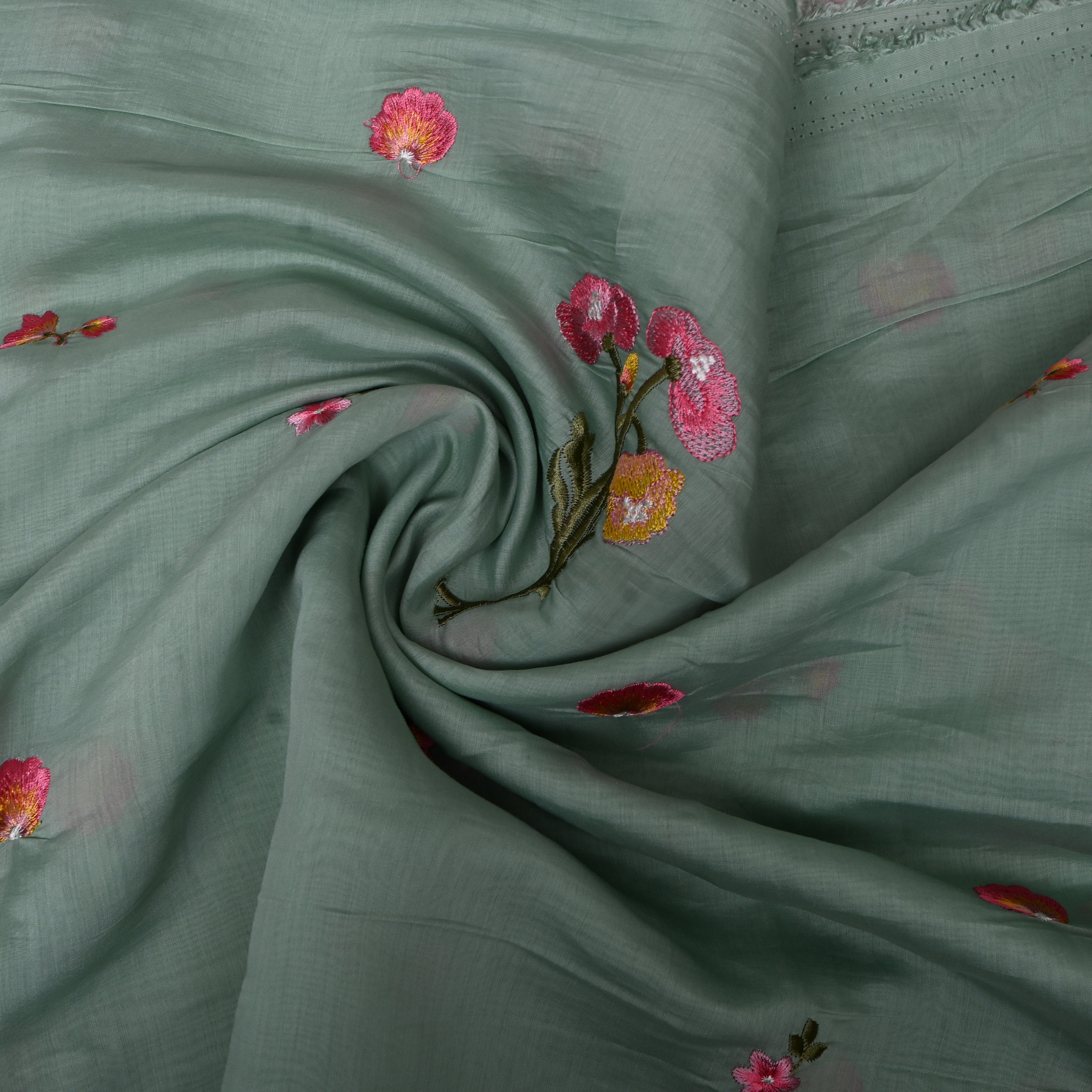 Sage Green Embroidery Silk With Poppy Bouquet Motifs