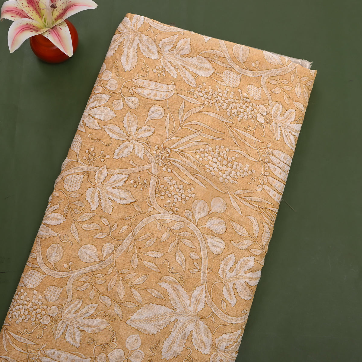 Sand Chiffon With Ivory Leaf And Vine Print