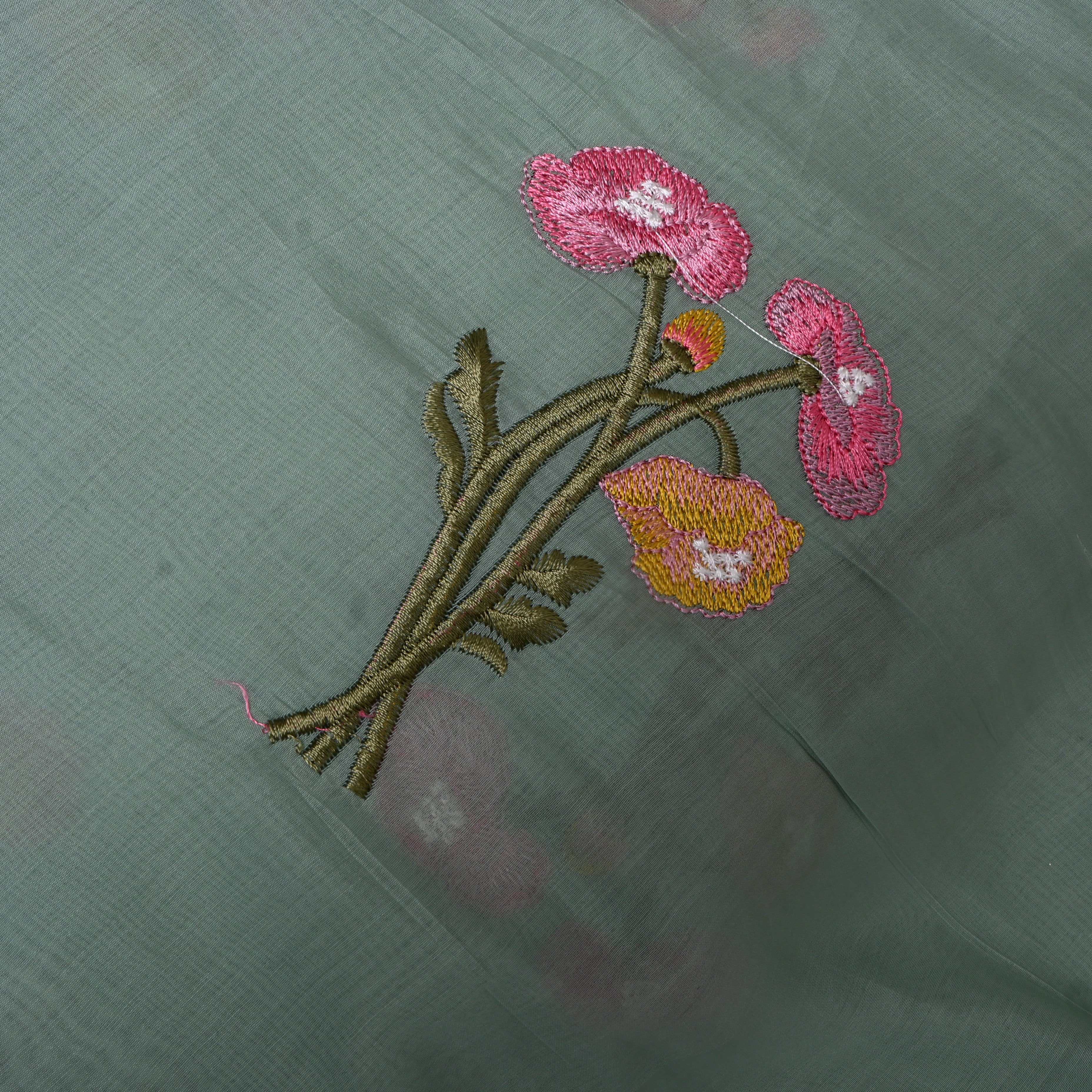 Sage Green Embroidery Silk With Poppy Bouquet Motifs