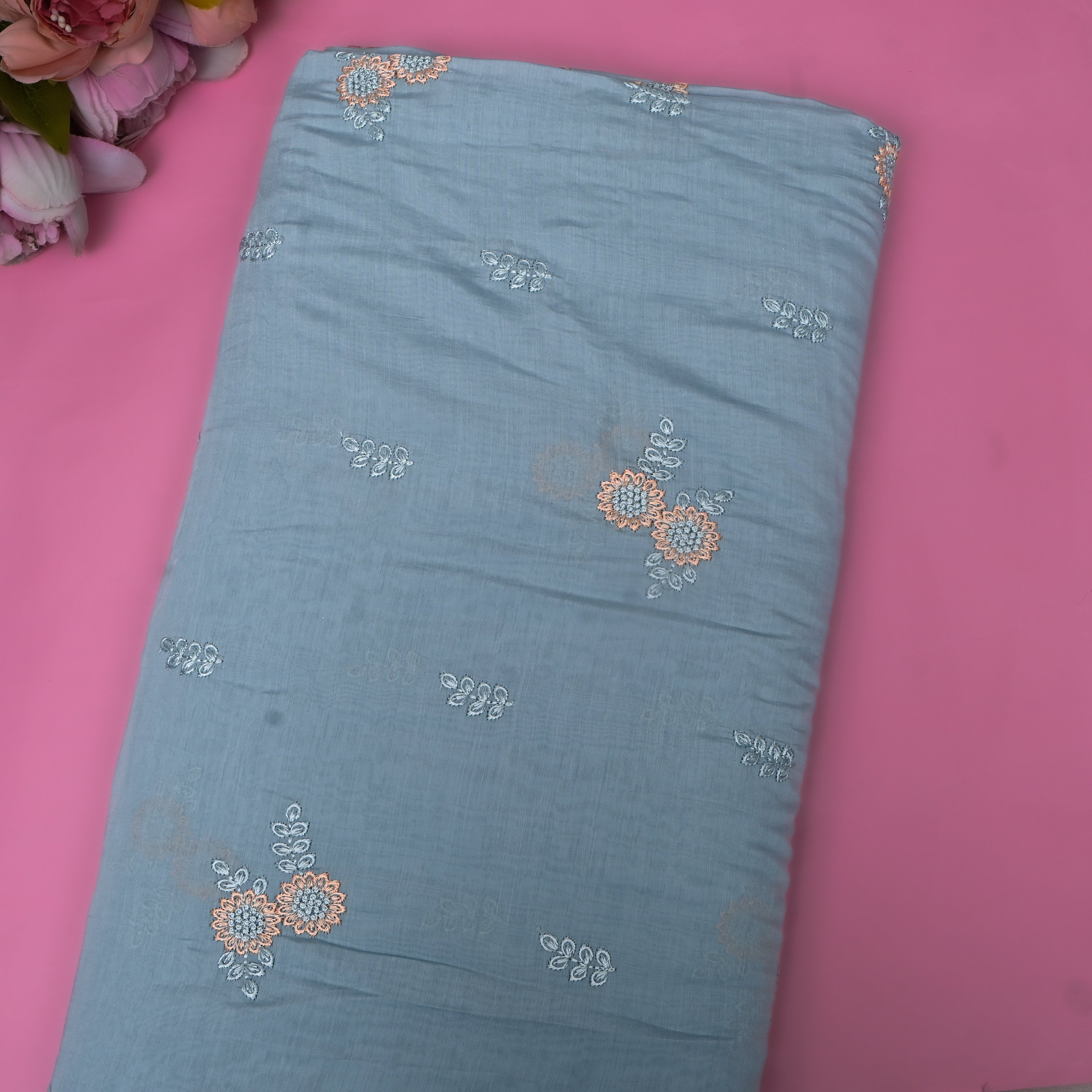Steel Blue Embroidery Silk With Delicate Floral Motifs