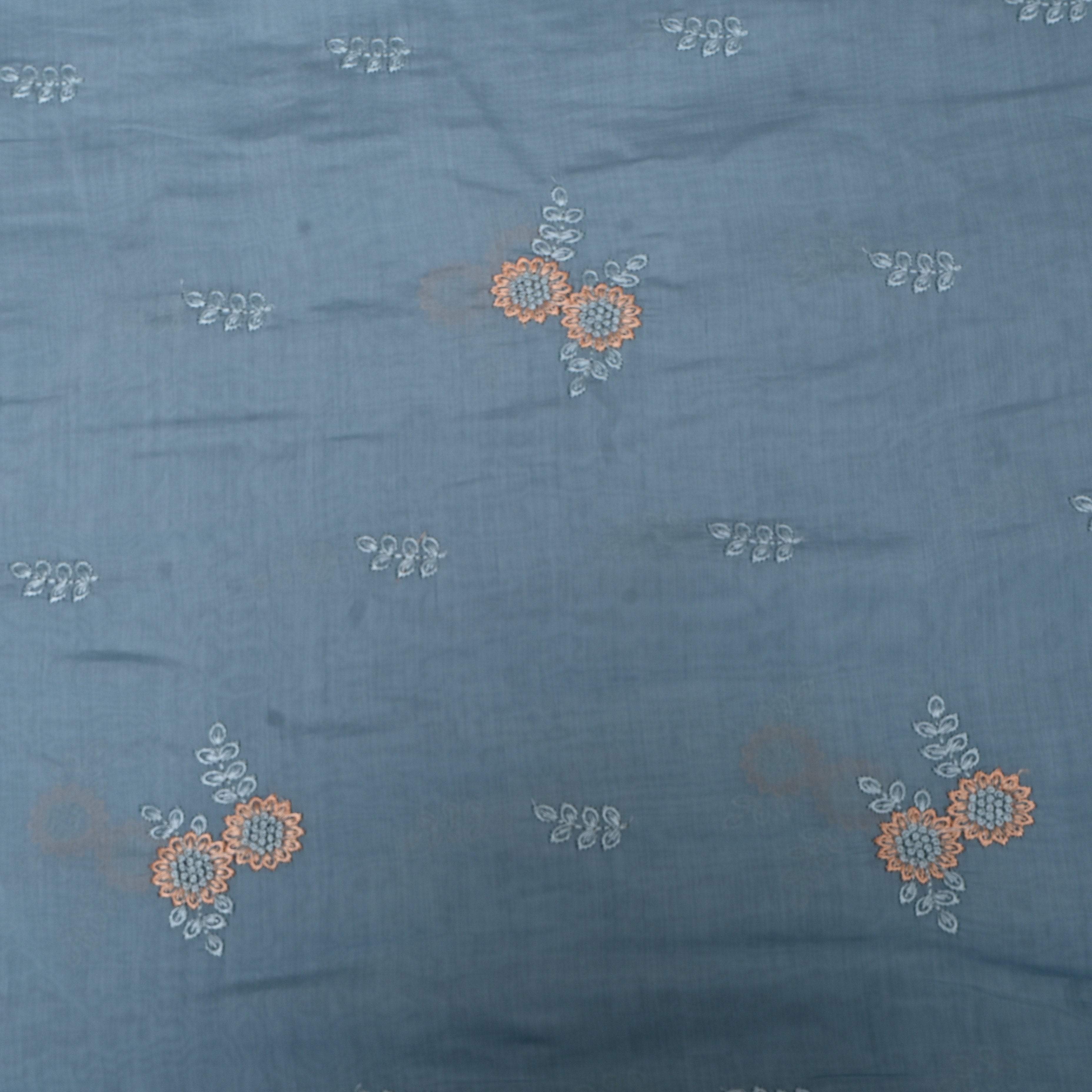 Steel Blue Embroidery Silk With Delicate Floral Motifs