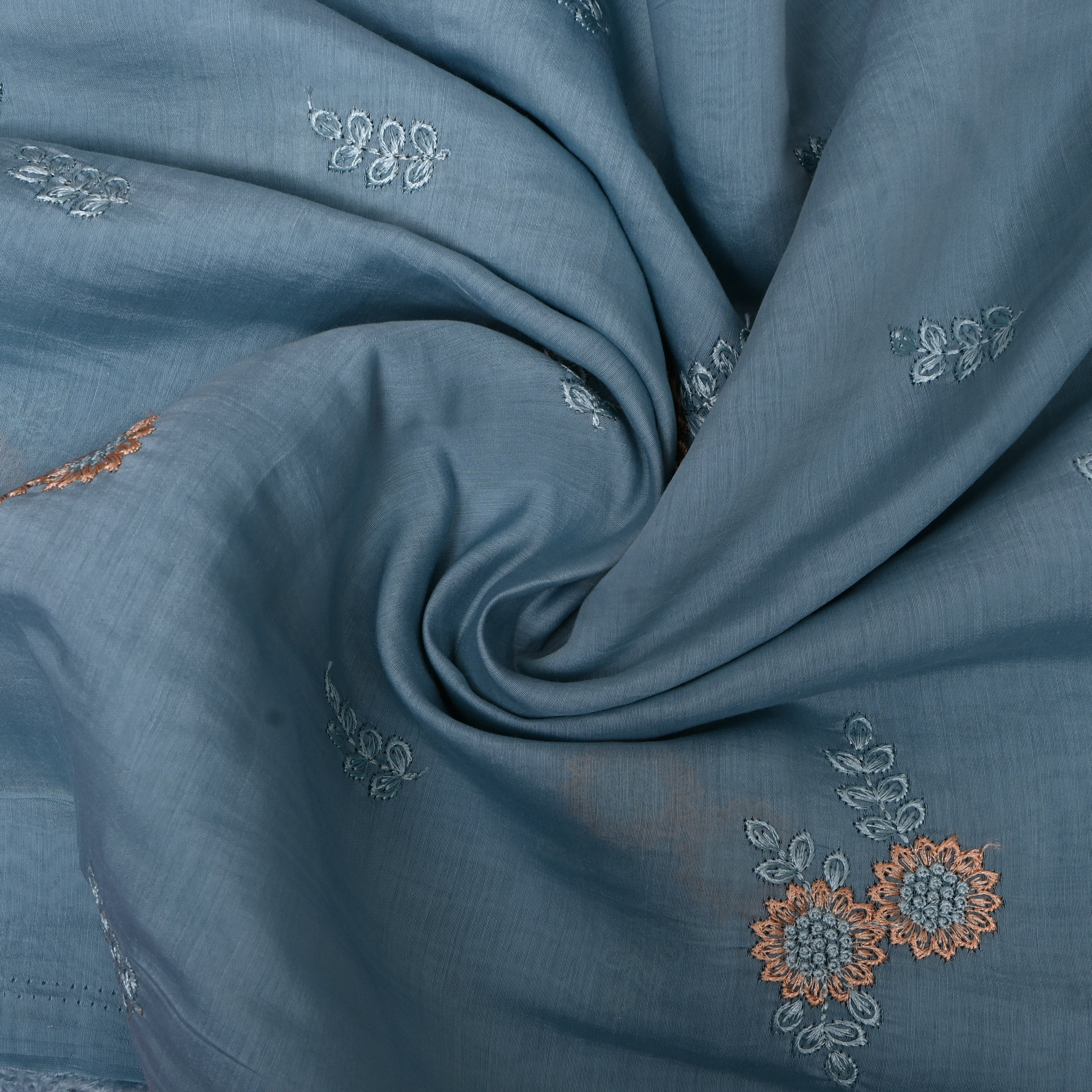 Steel Blue Embroidery Silk With Delicate Floral Motifs