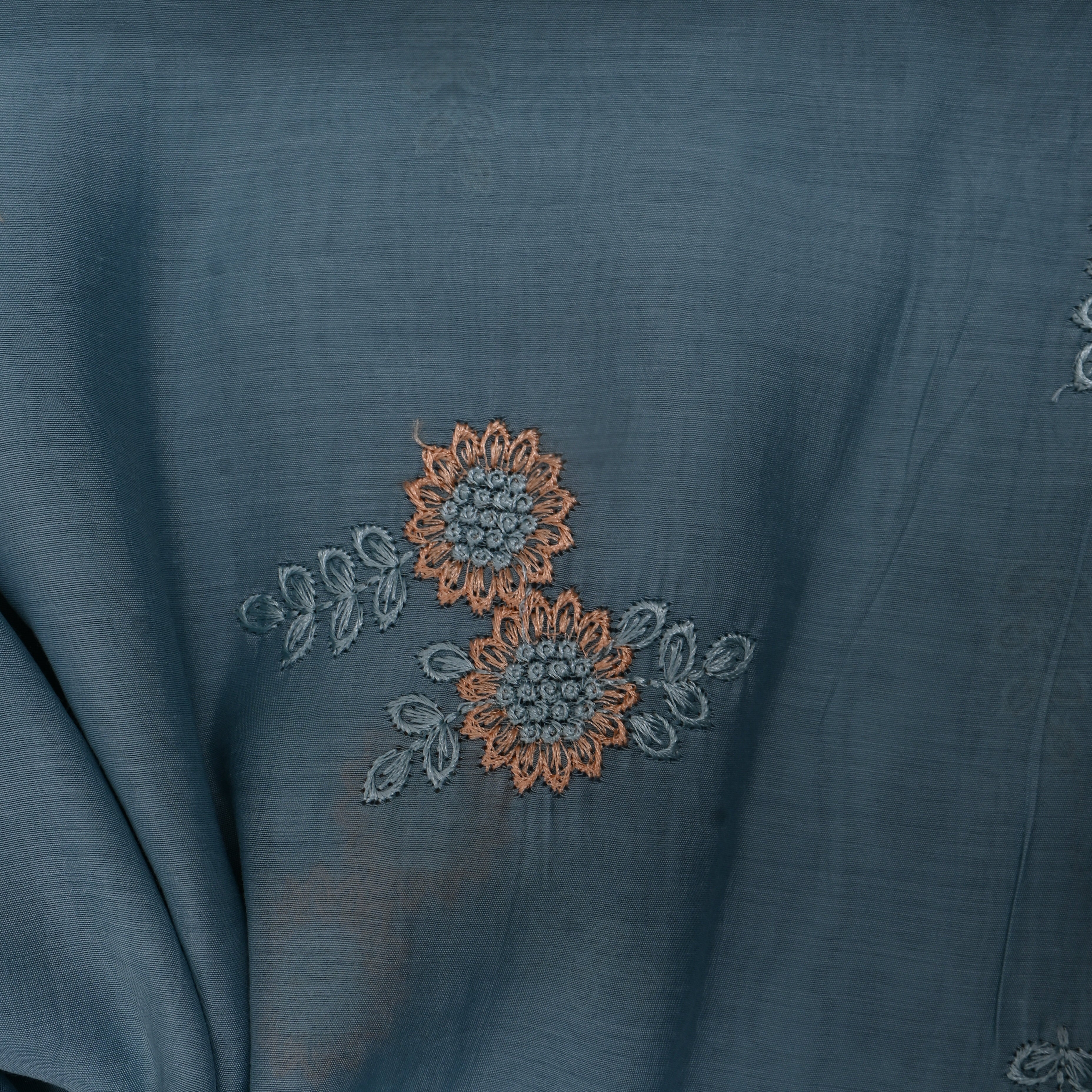 Steel Blue Embroidery Silk With Delicate Floral Motifs