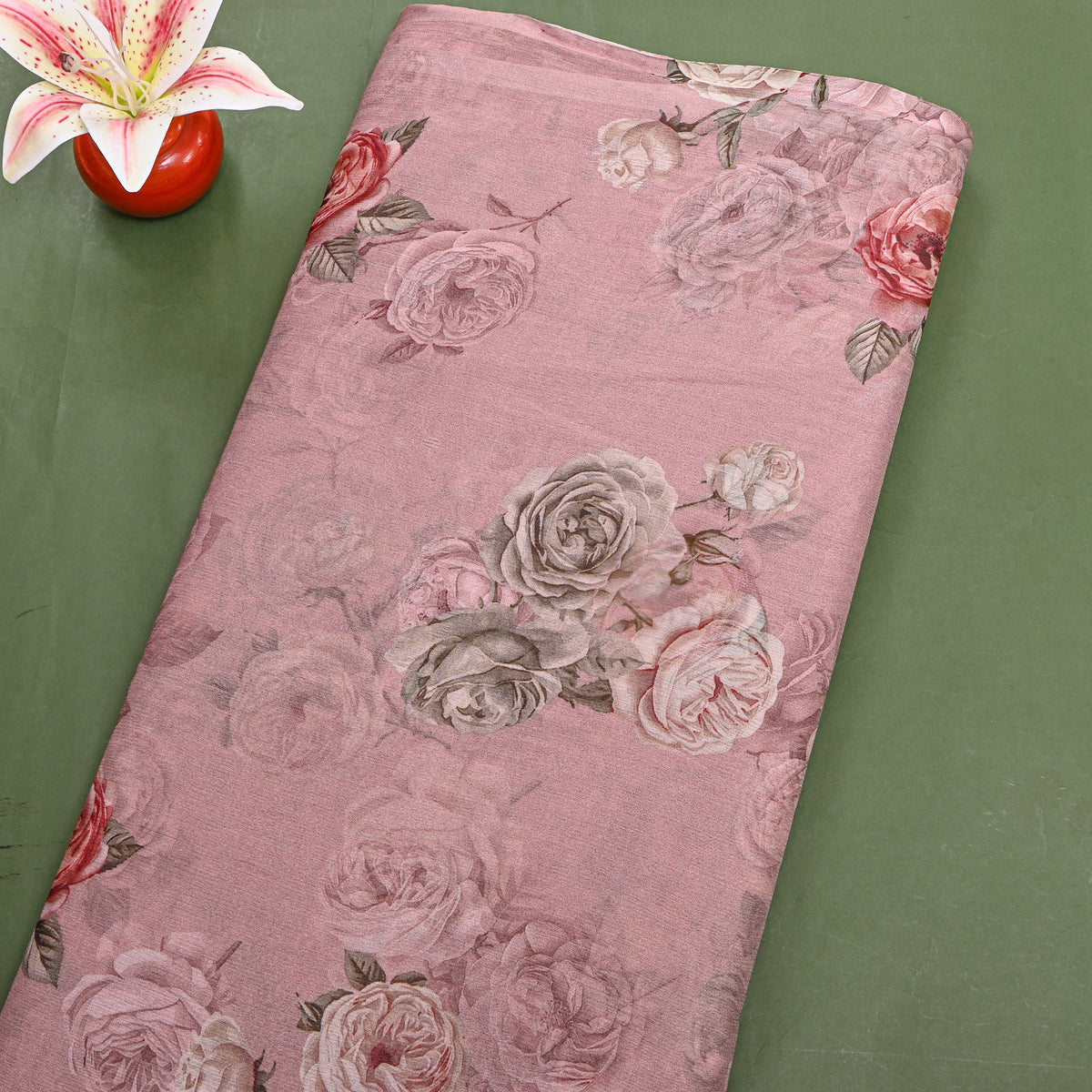Mauve Chiffon With Rose Bloom Print