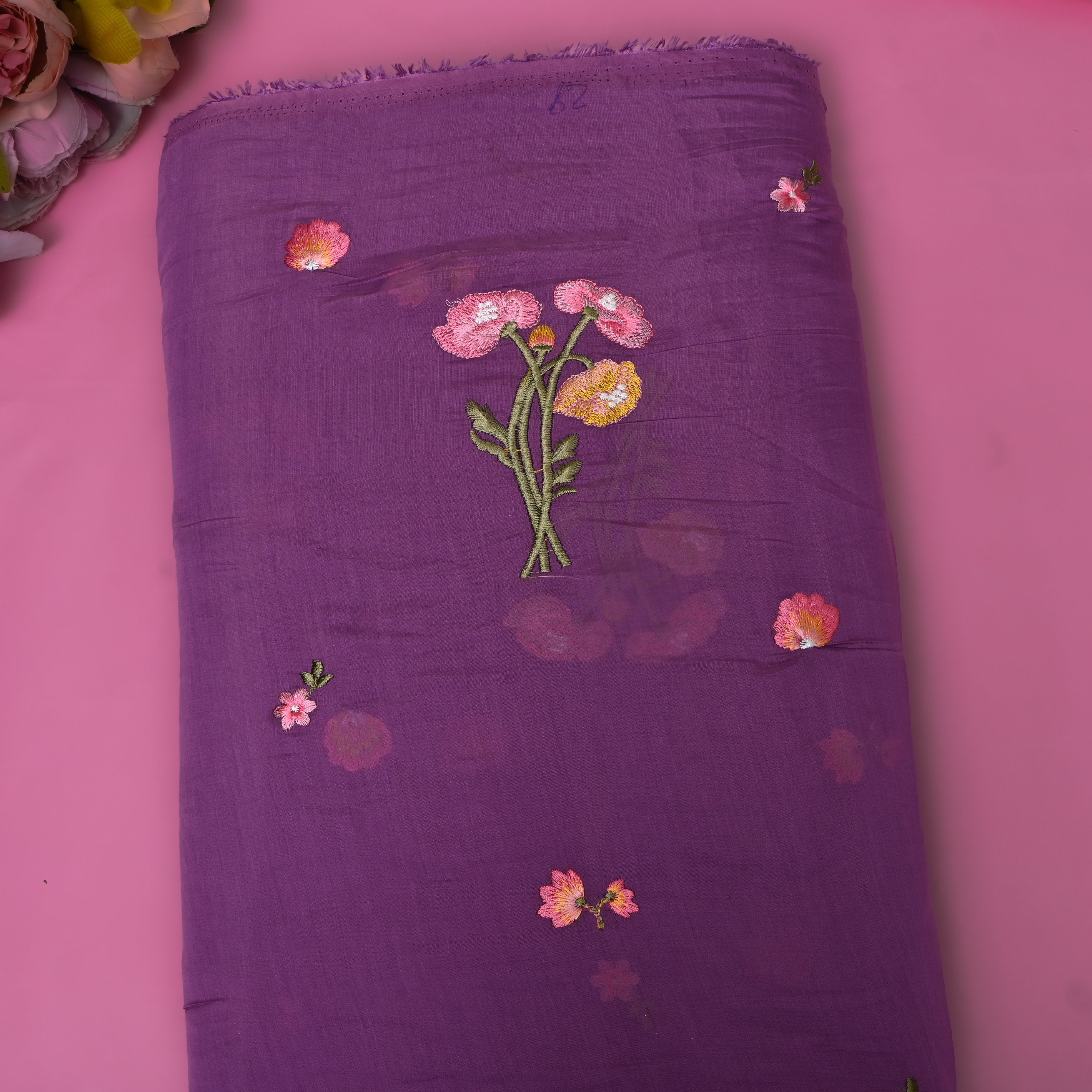 Deep Purple Embroidery Silk With Poppy Bouquet Motifs