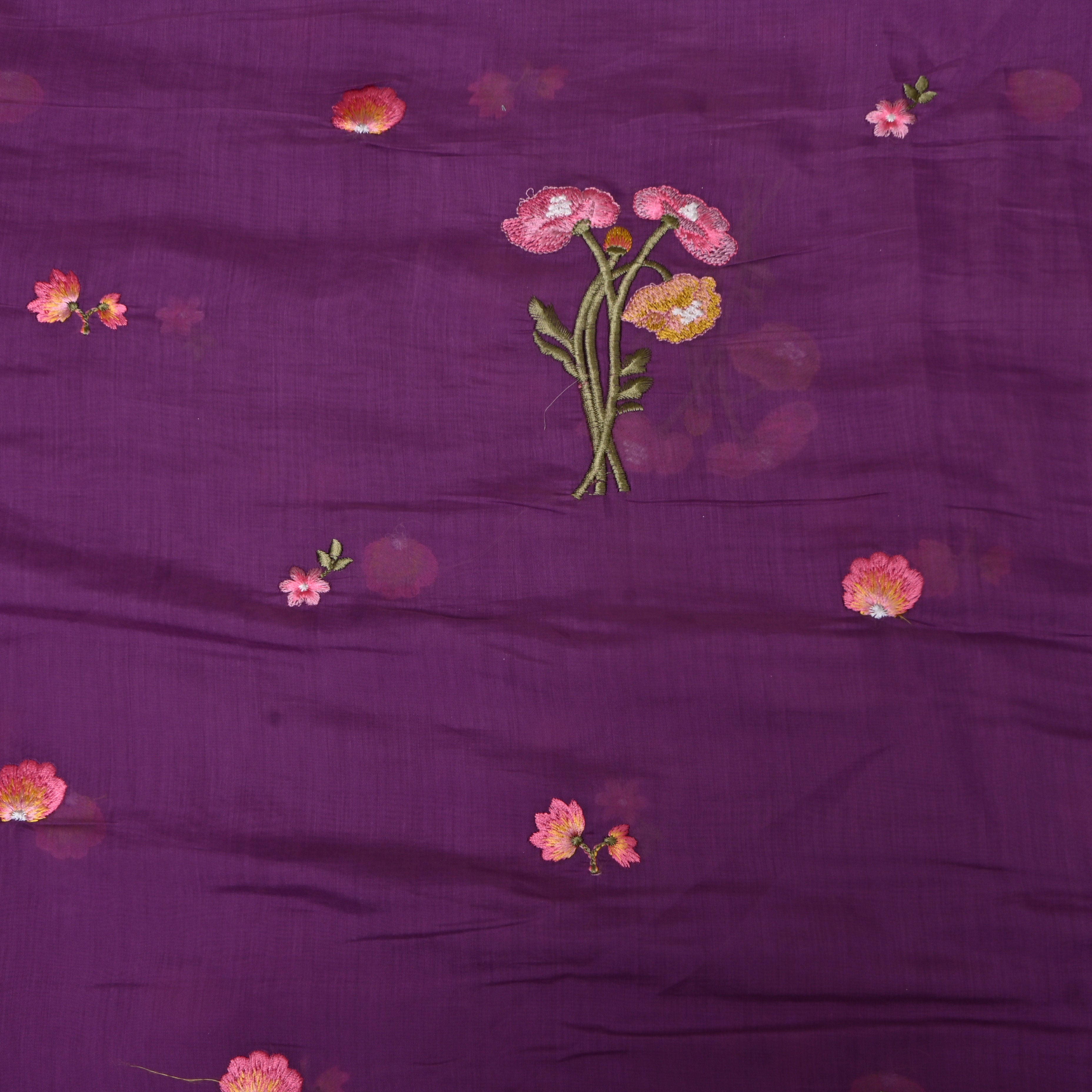 Deep Purple Embroidery Silk With Poppy Bouquet Motifs