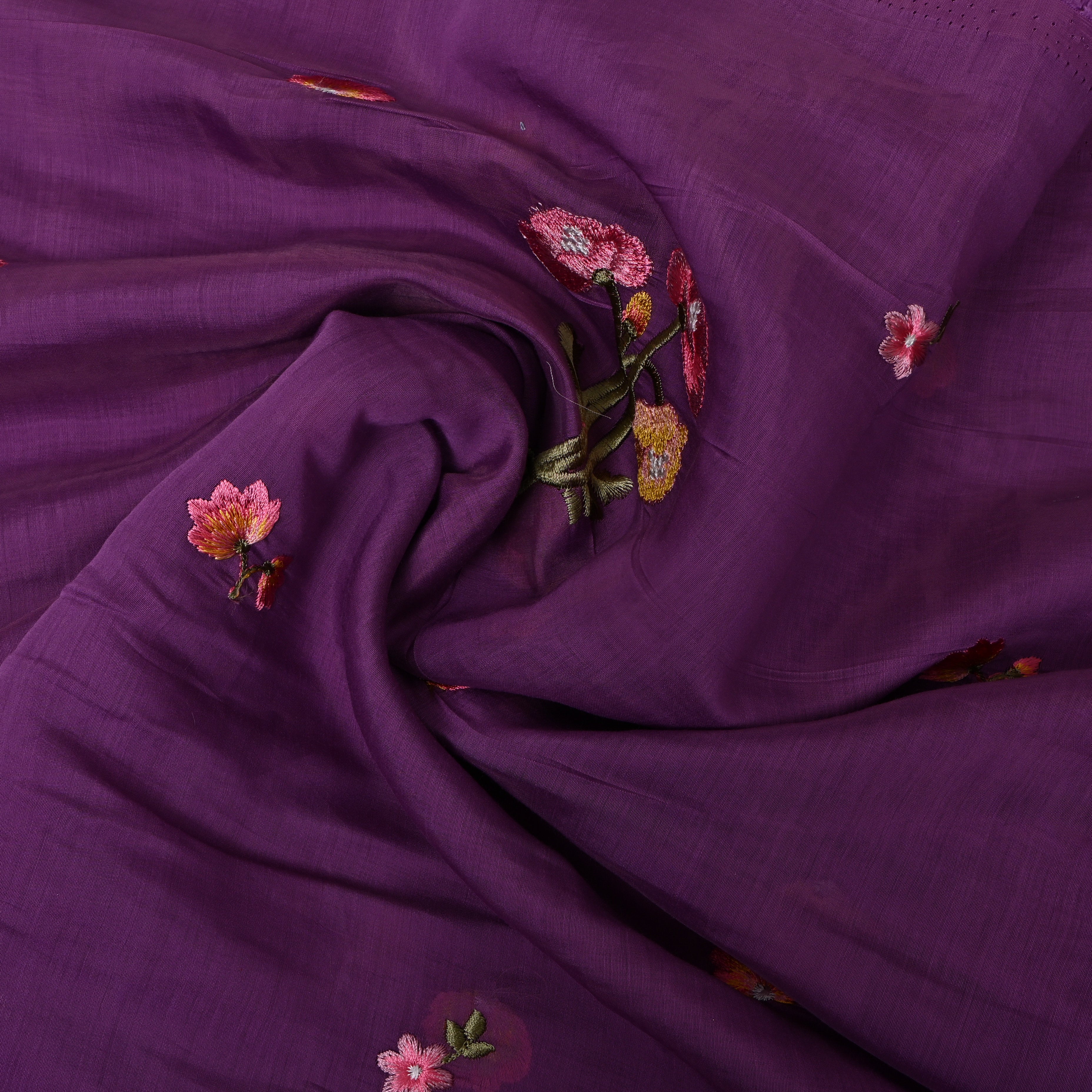 Deep Purple Embroidery Silk With Poppy Bouquet Motifs