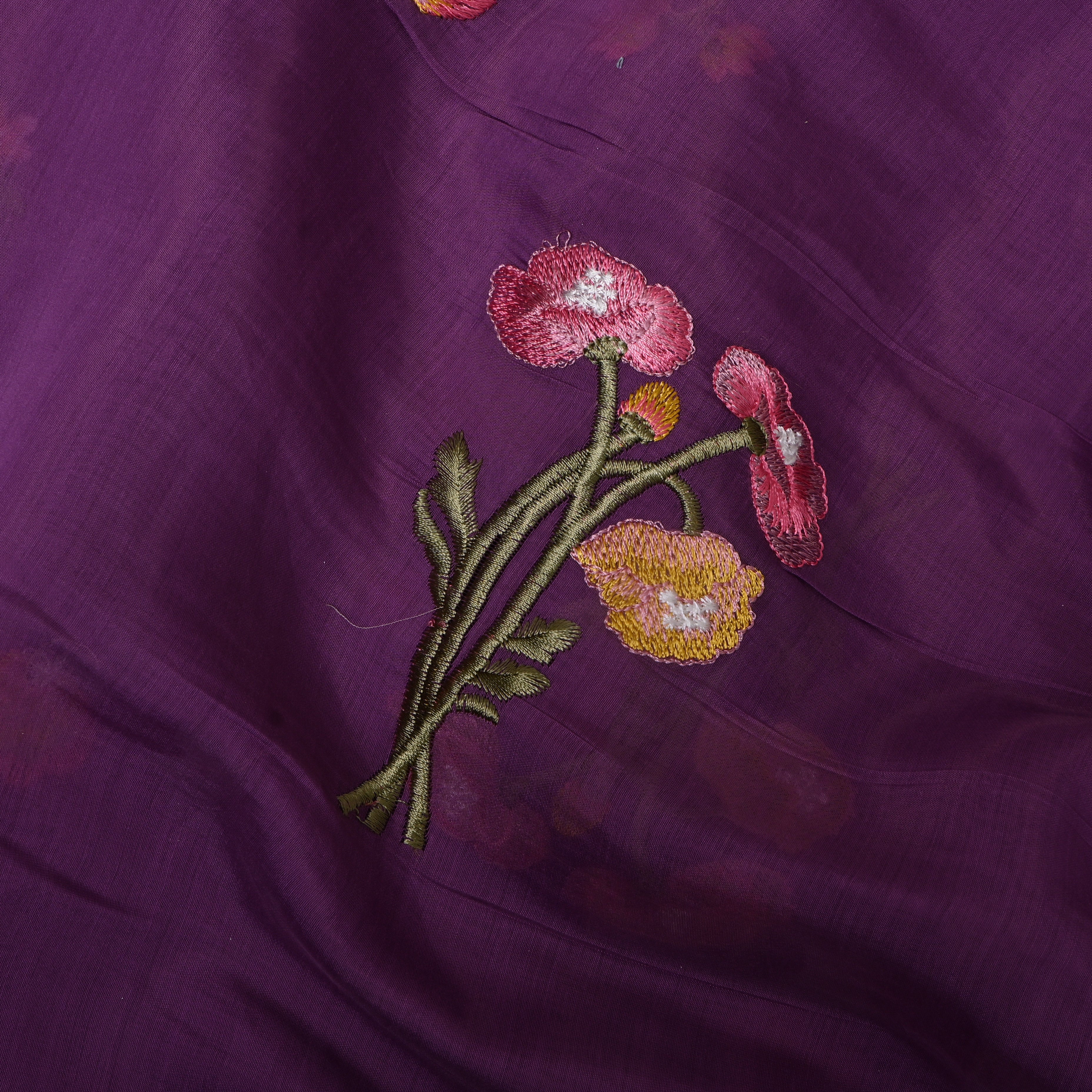 Deep Purple Embroidery Silk With Poppy Bouquet Motifs