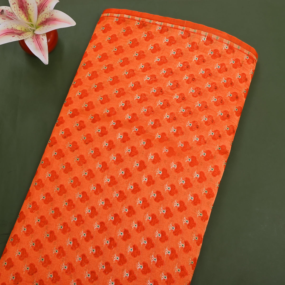 Pumpkin Orange Gold Zari Butti Self Weave Jamawar Silk Fabric