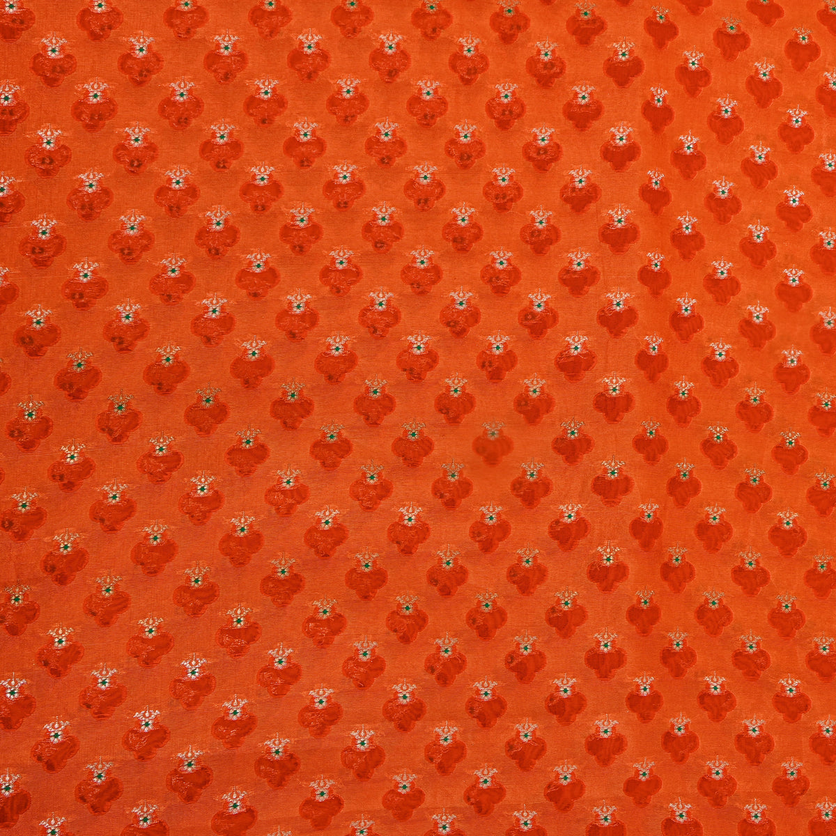 Pumpkin Orange Gold Zari Butti Self Weave Jamawar Silk Fabric