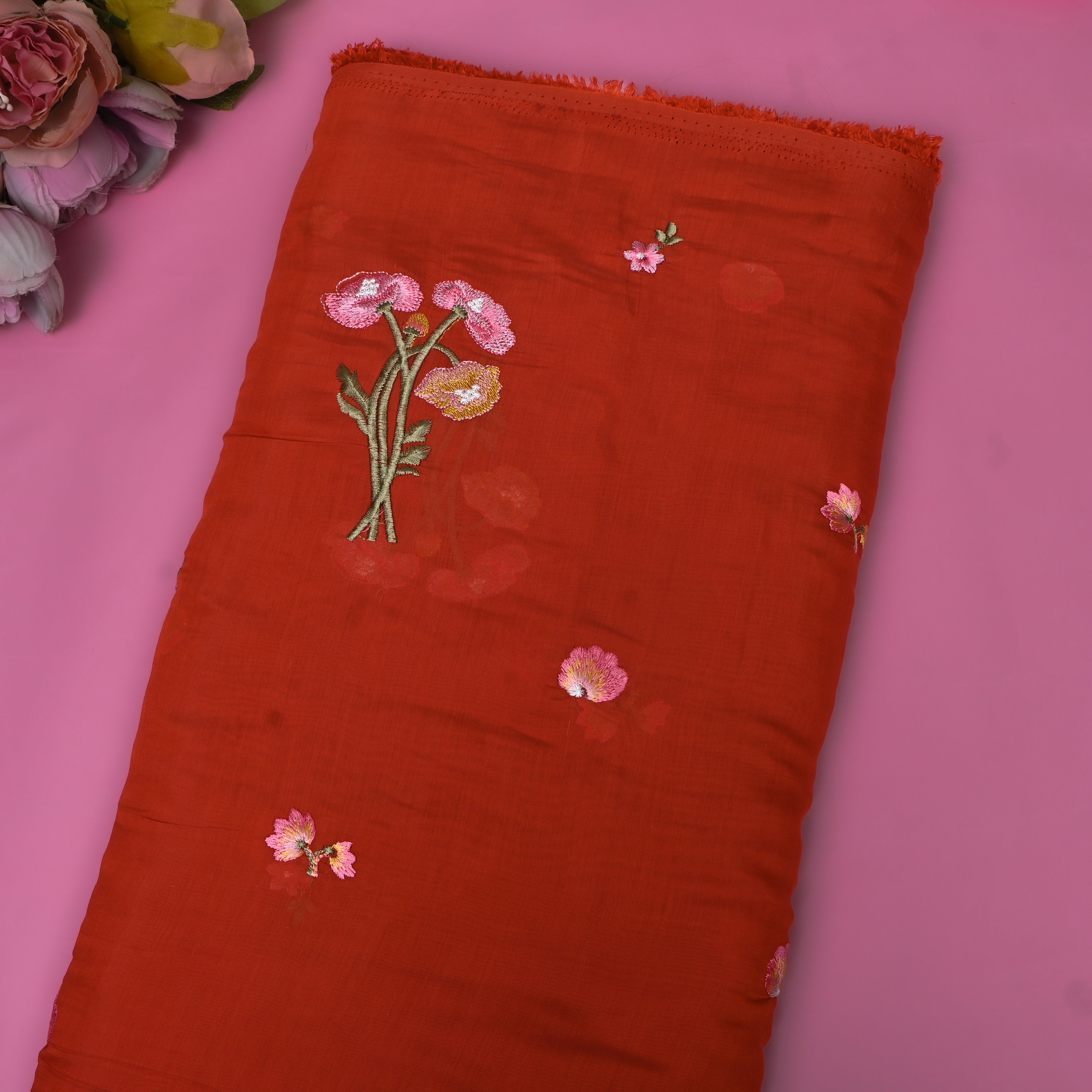 Bright Red Embroidery Silk With Poppy Bouquet Motifs