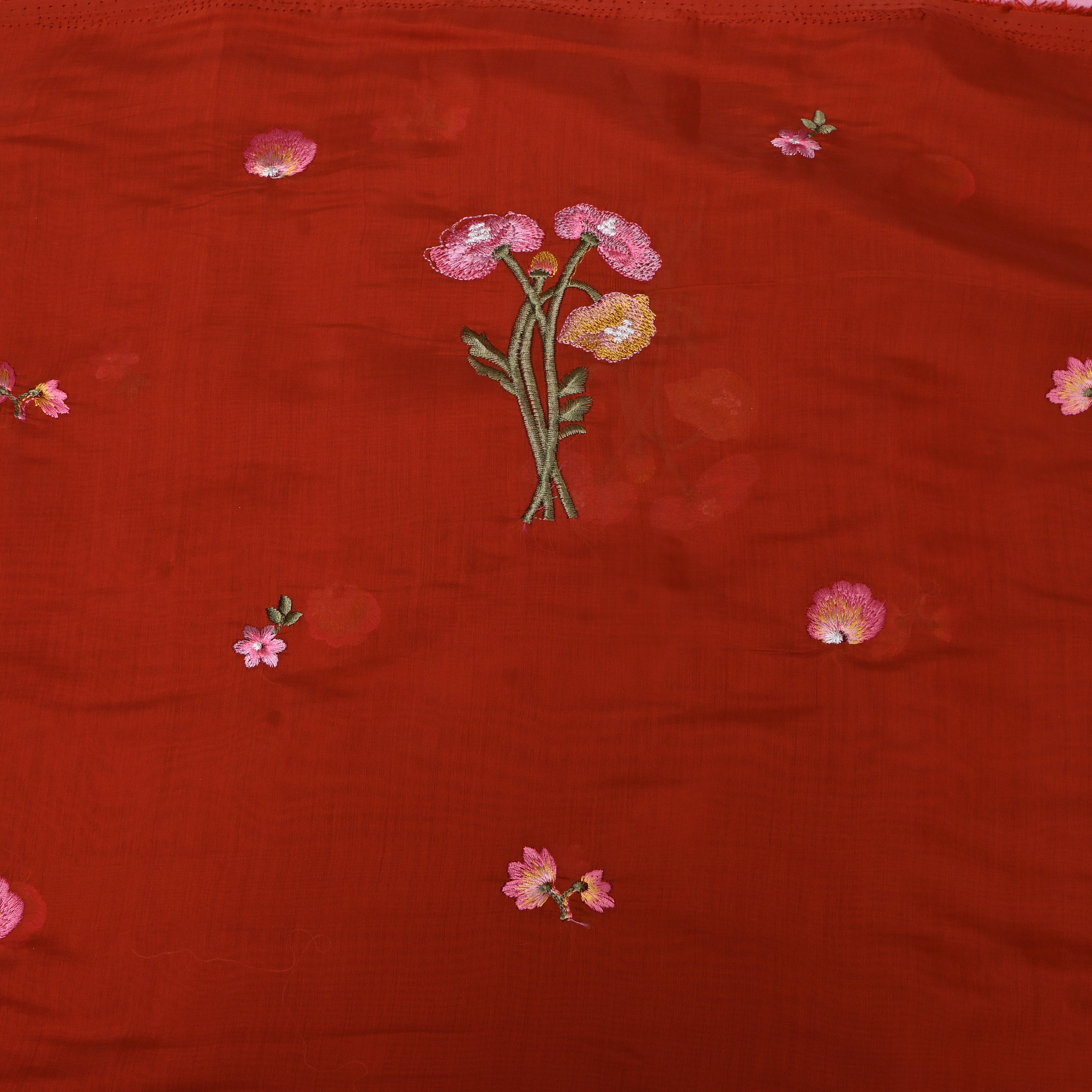Bright Red Embroidery Silk With Poppy Bouquet Motifs