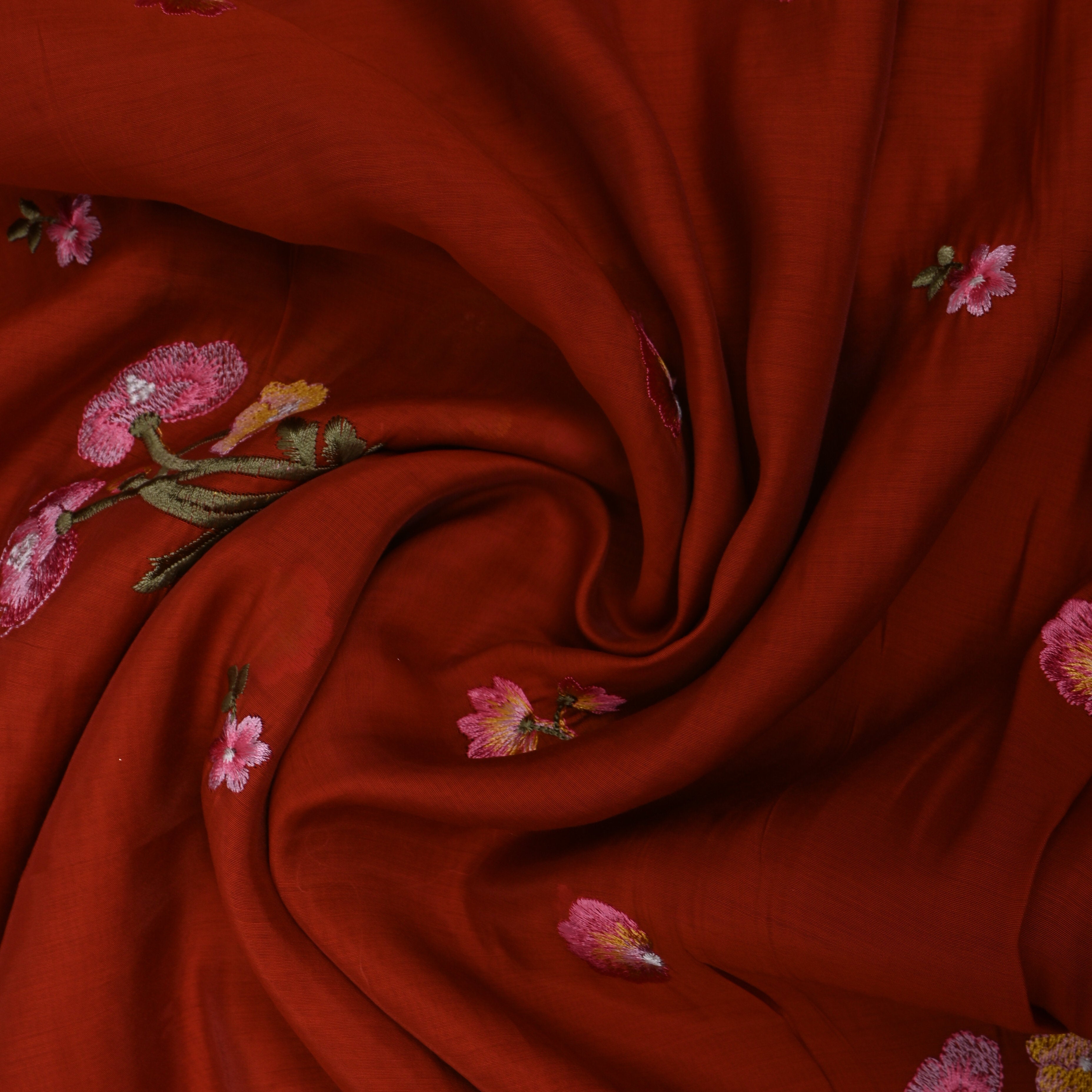 Bright Red Embroidery Silk With Poppy Bouquet Motifs