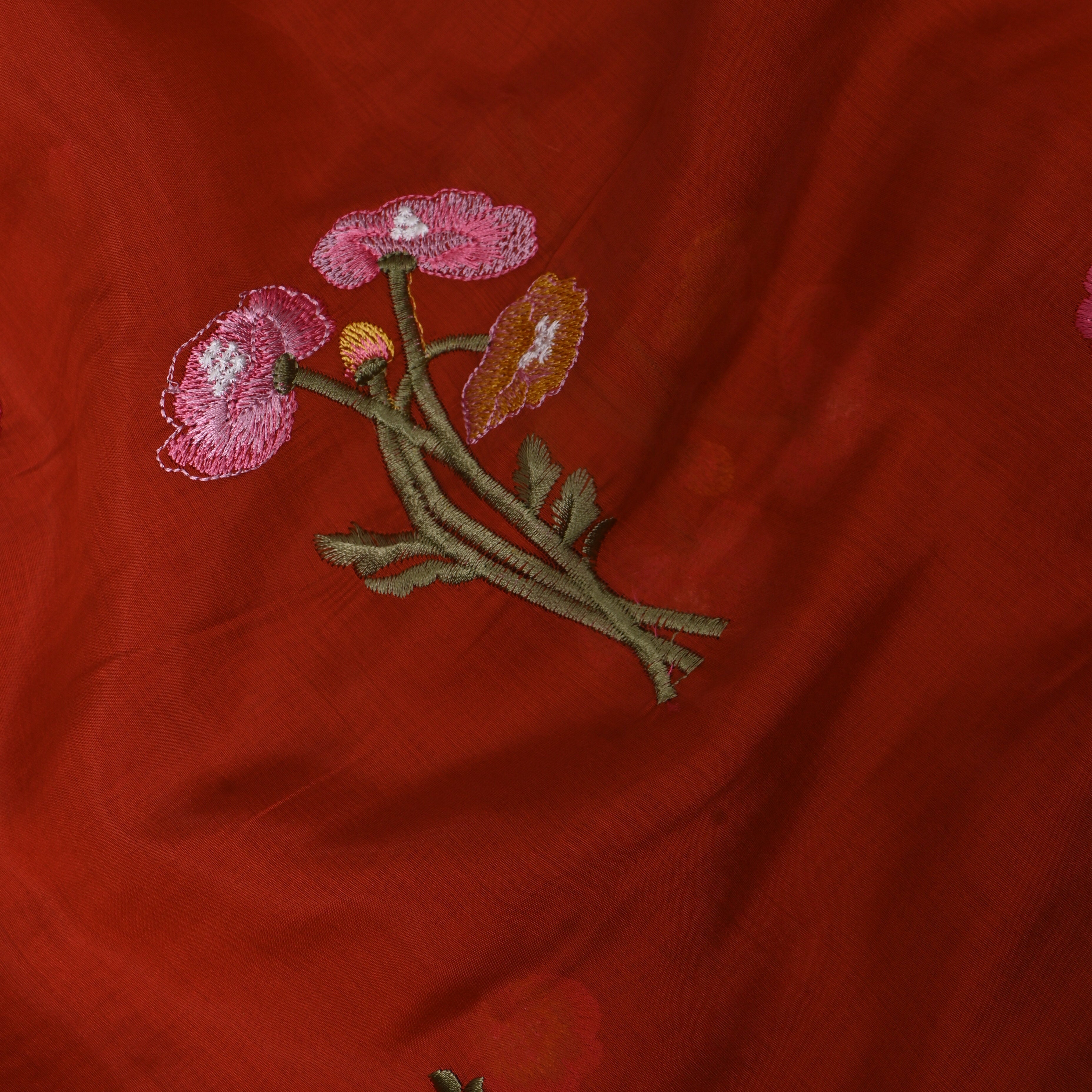 Bright Red Embroidery Silk With Poppy Bouquet Motifs