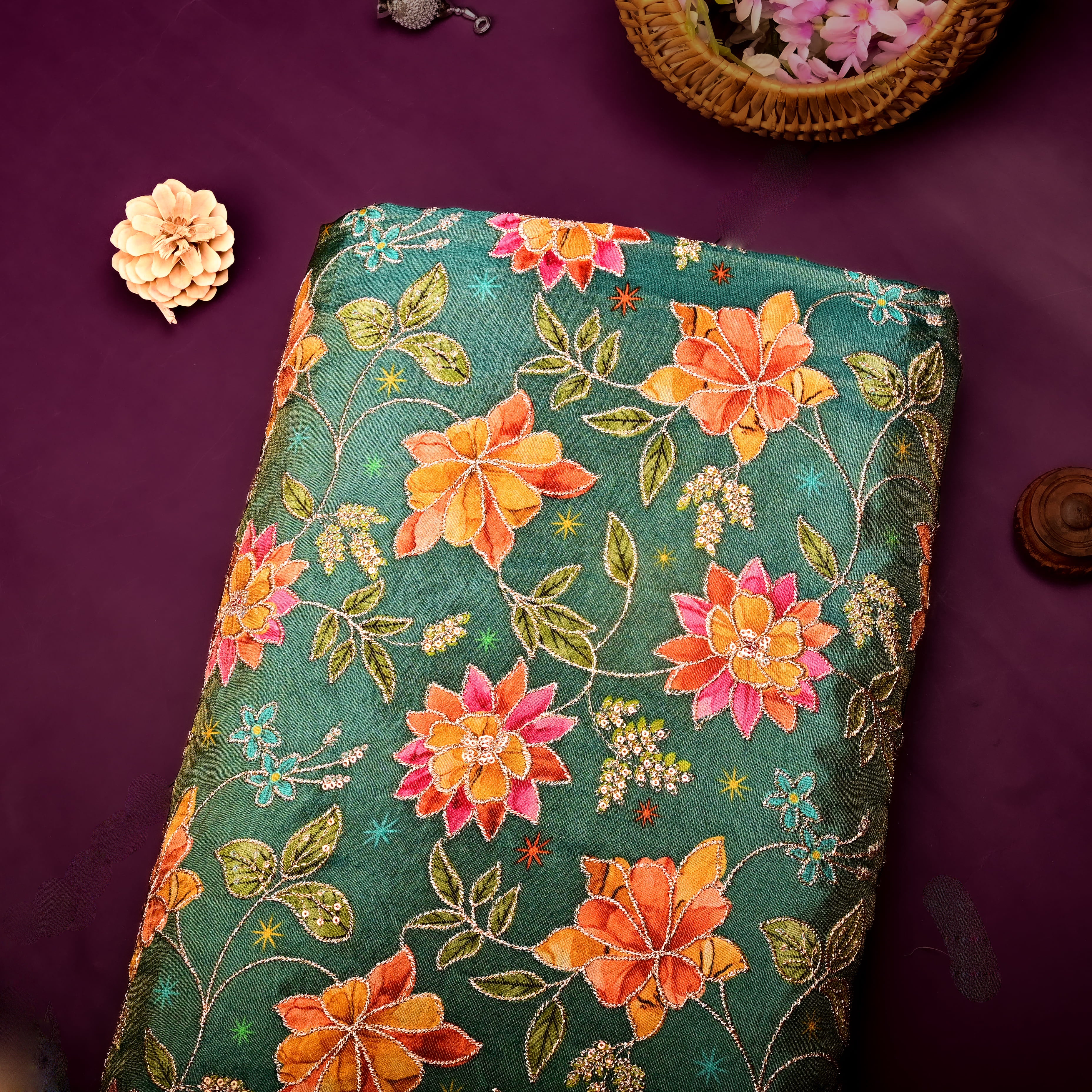 Emerald Green Tissue Fabric With Printed Embroidery