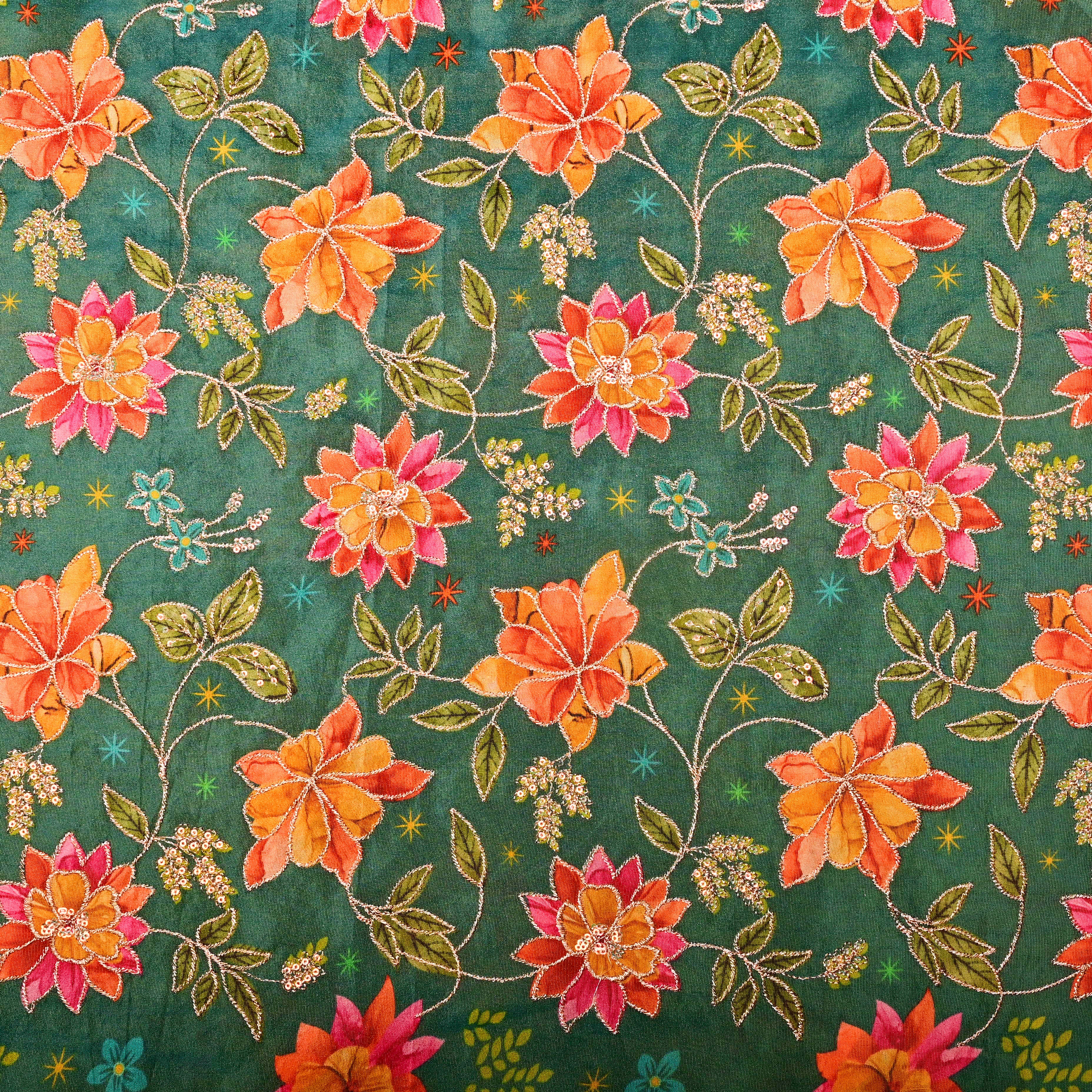 Emerald Green Tissue Fabric With Printed Embroidery