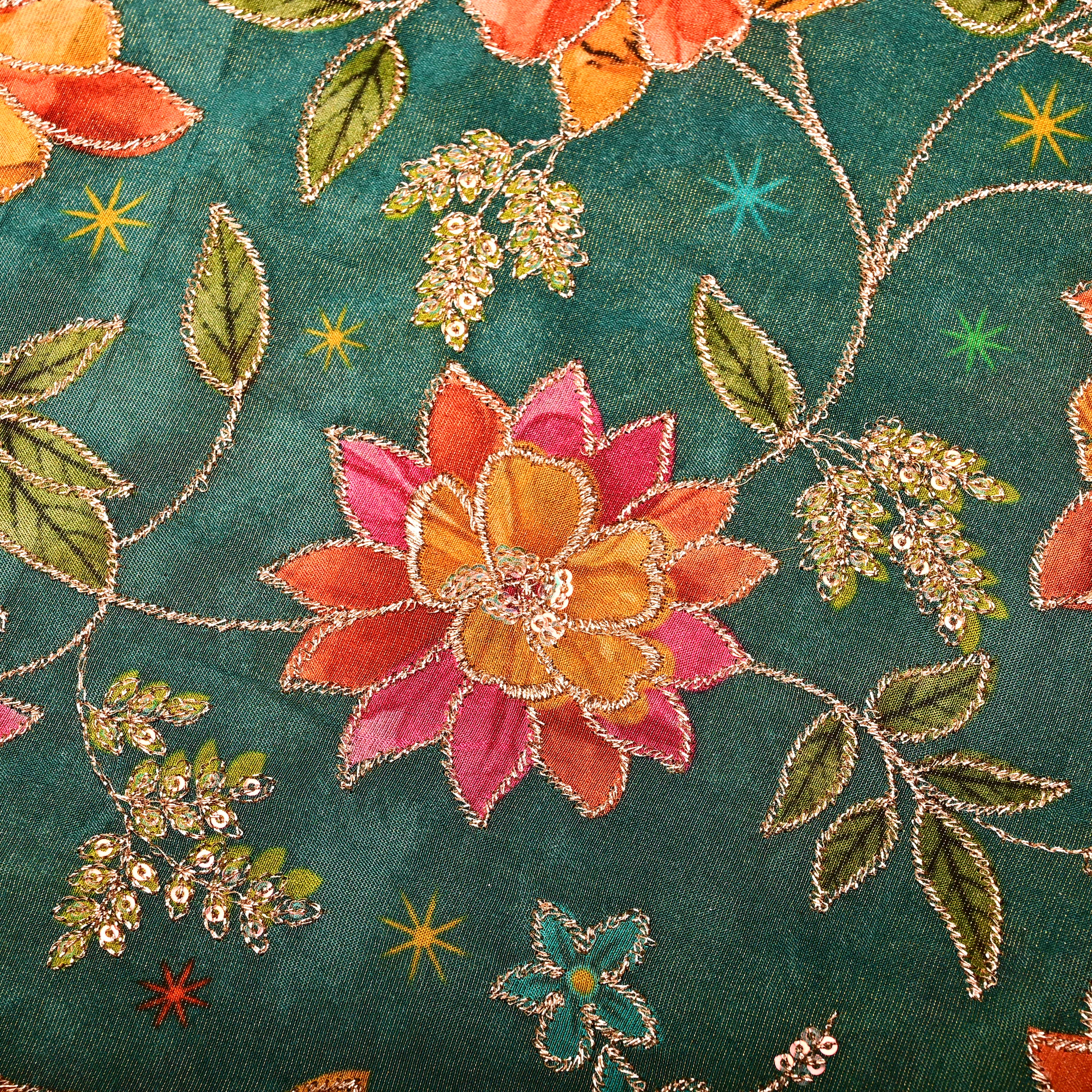 Emerald Green Tissue Fabric With Printed Embroidery