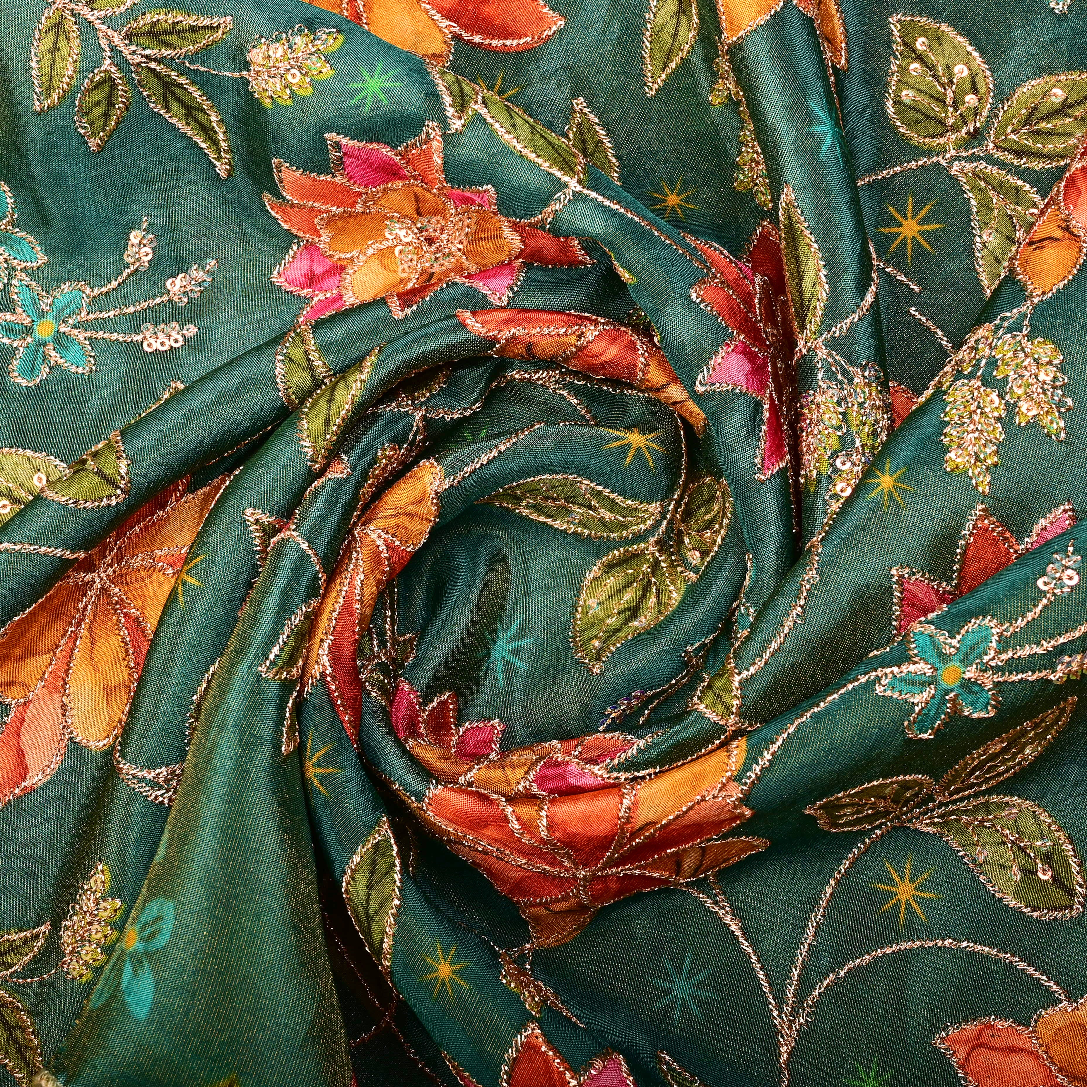 Emerald Green Tissue Fabric With Printed Embroidery