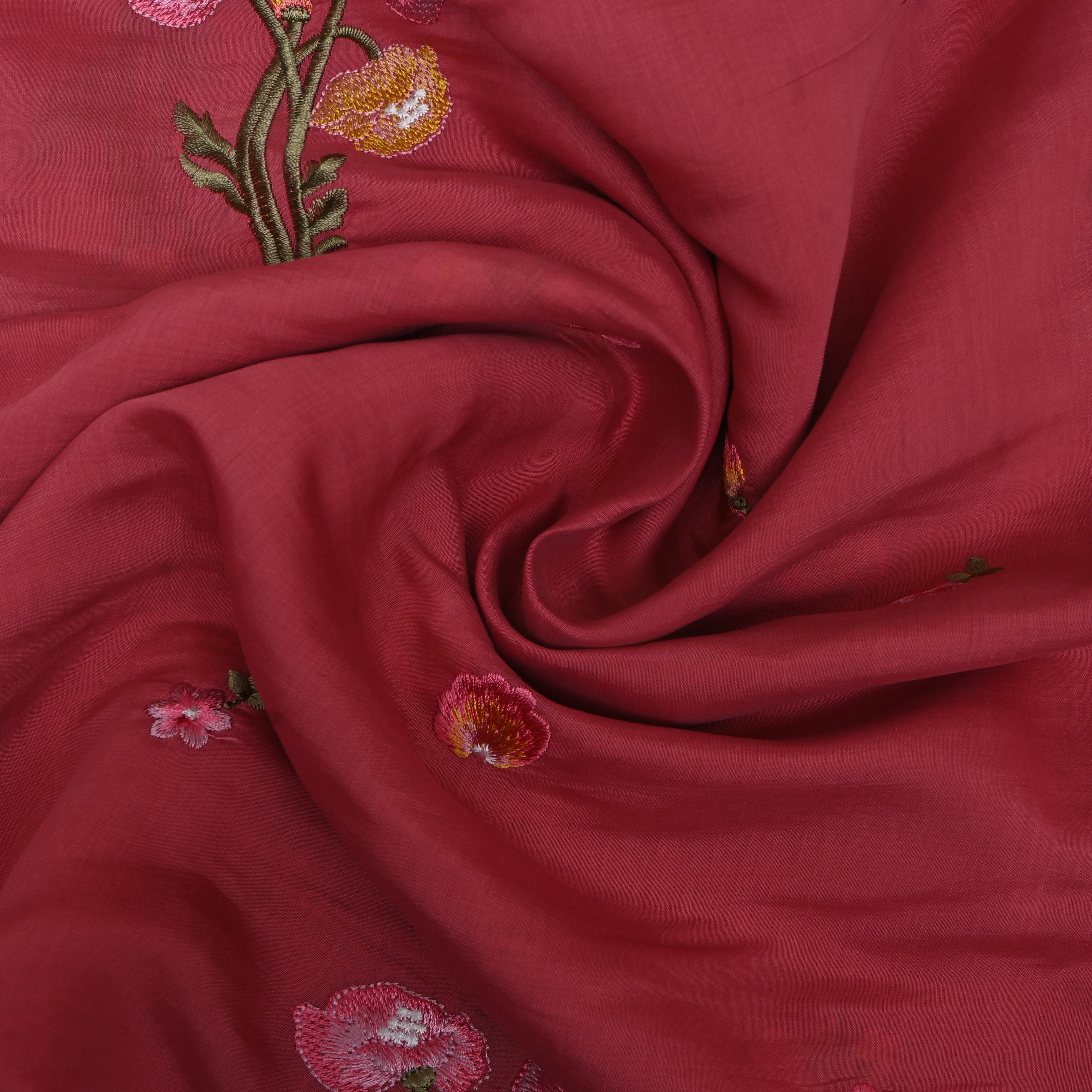 Deep Maroon Embroidery Silk With Poppy Bouquet Motifs
