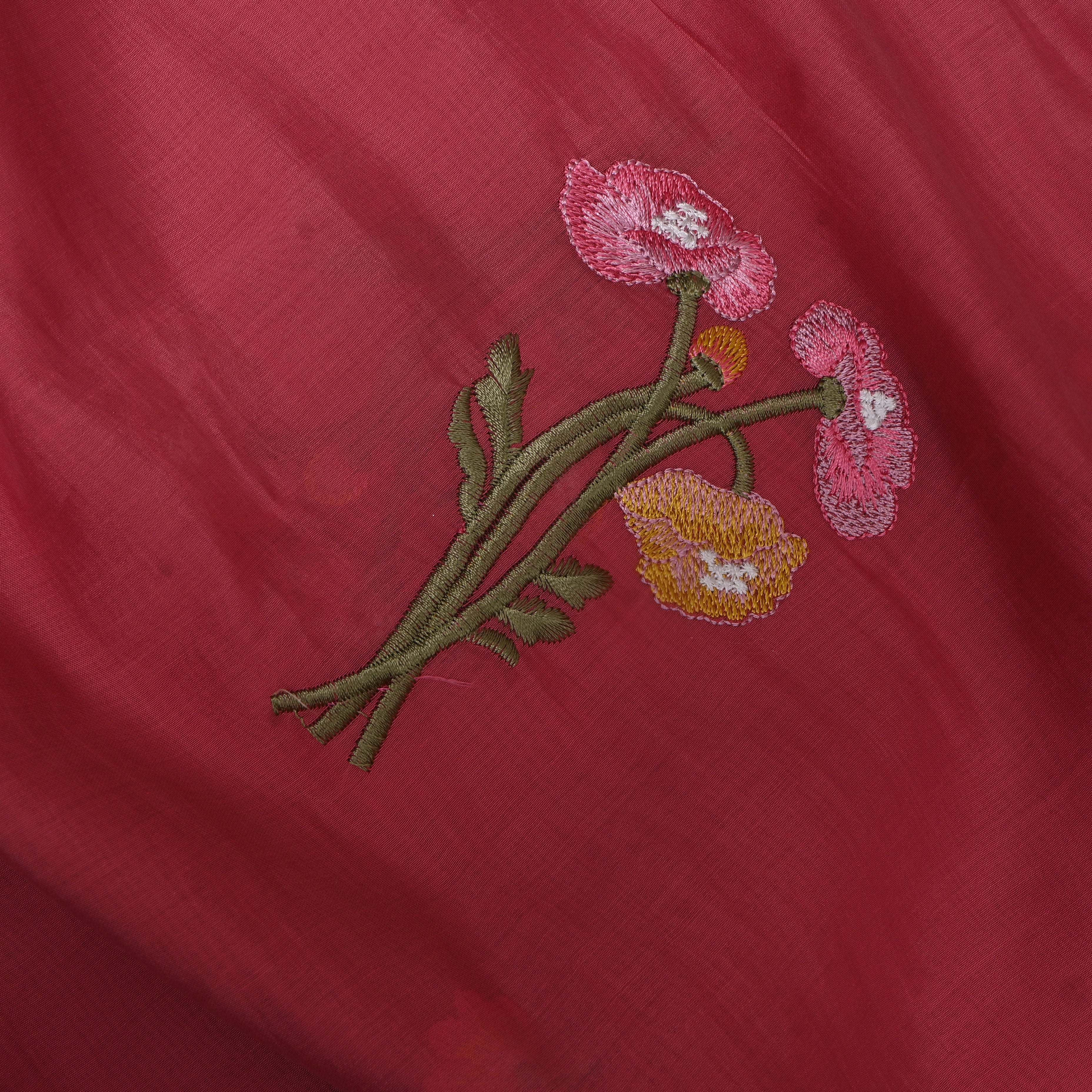 Deep Maroon Embroidery Silk With Poppy Bouquet Motifs
