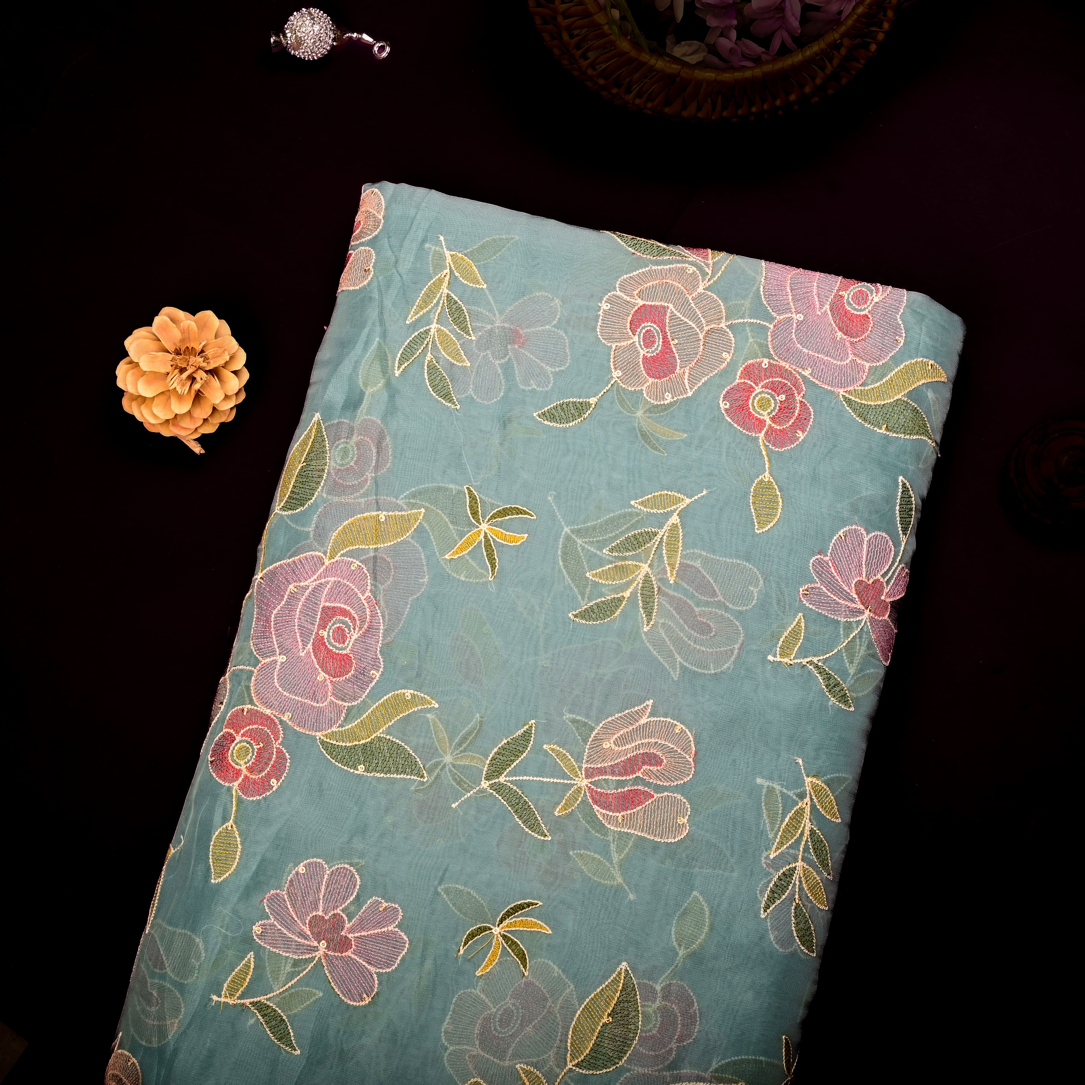 Dark Electric Blue Organza Fabric With Embroidery