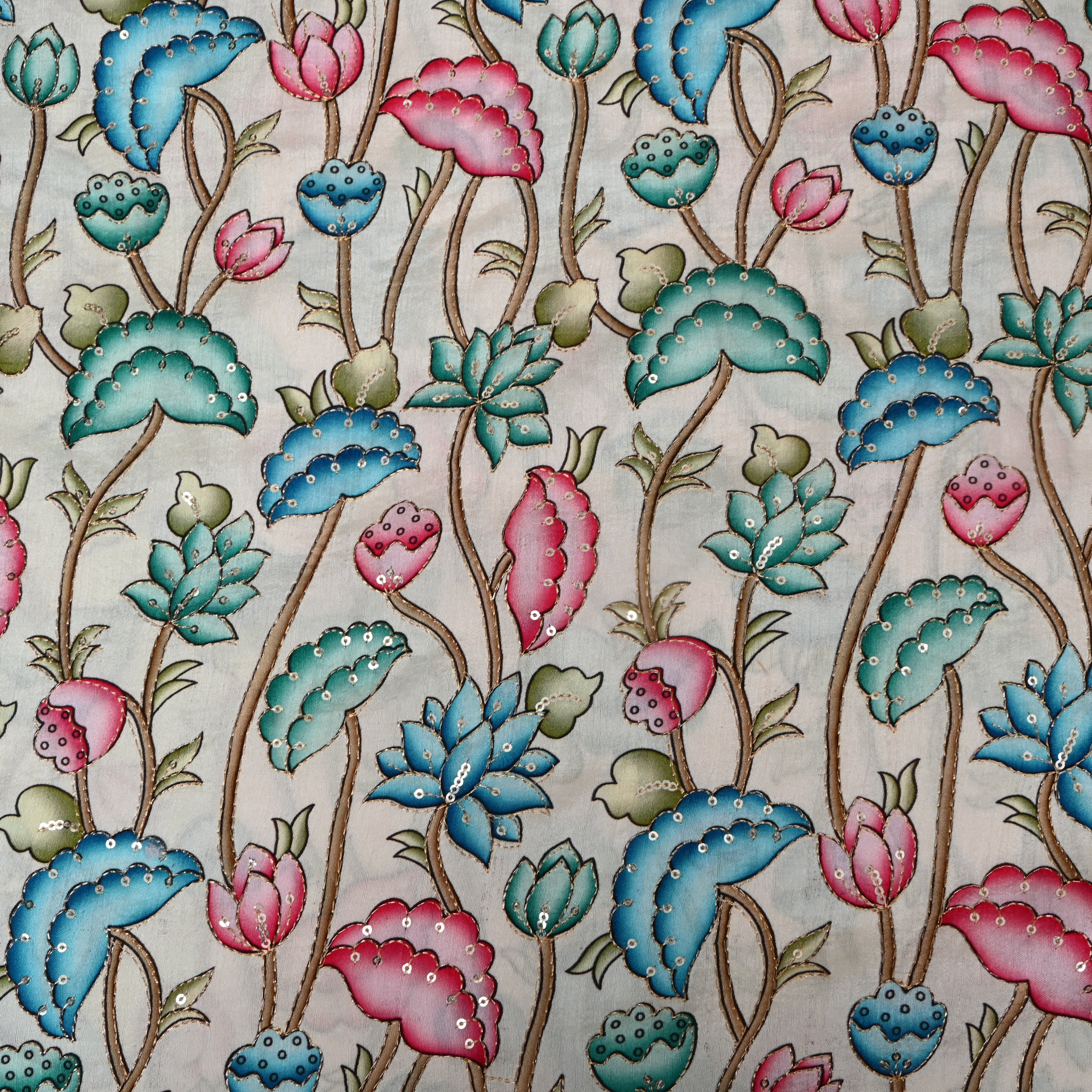 Ivory Teal Pink Floral Sequin Embroidery Chinon Silk Fabric