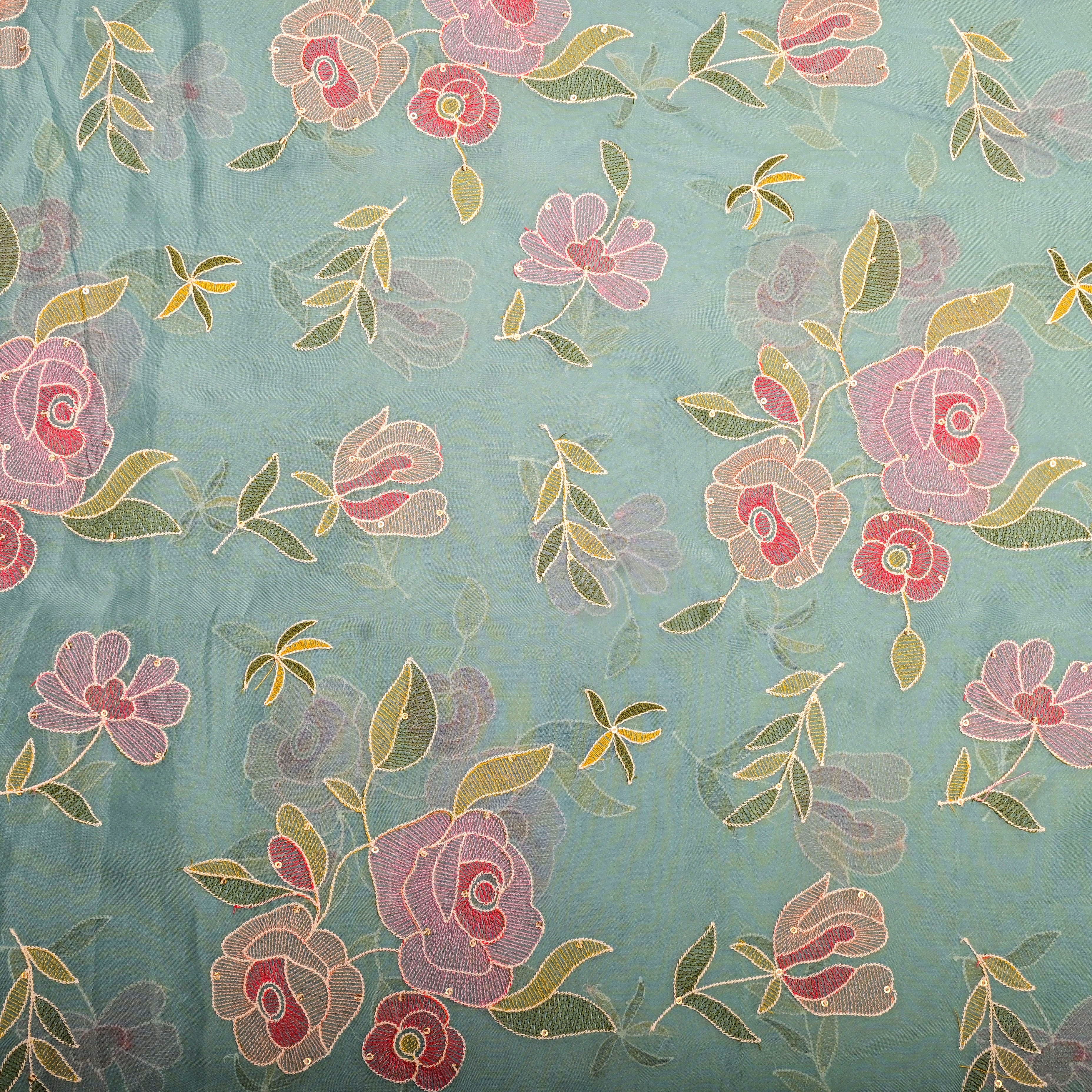 Dark Electric Blue Organza Fabric With Embroidery