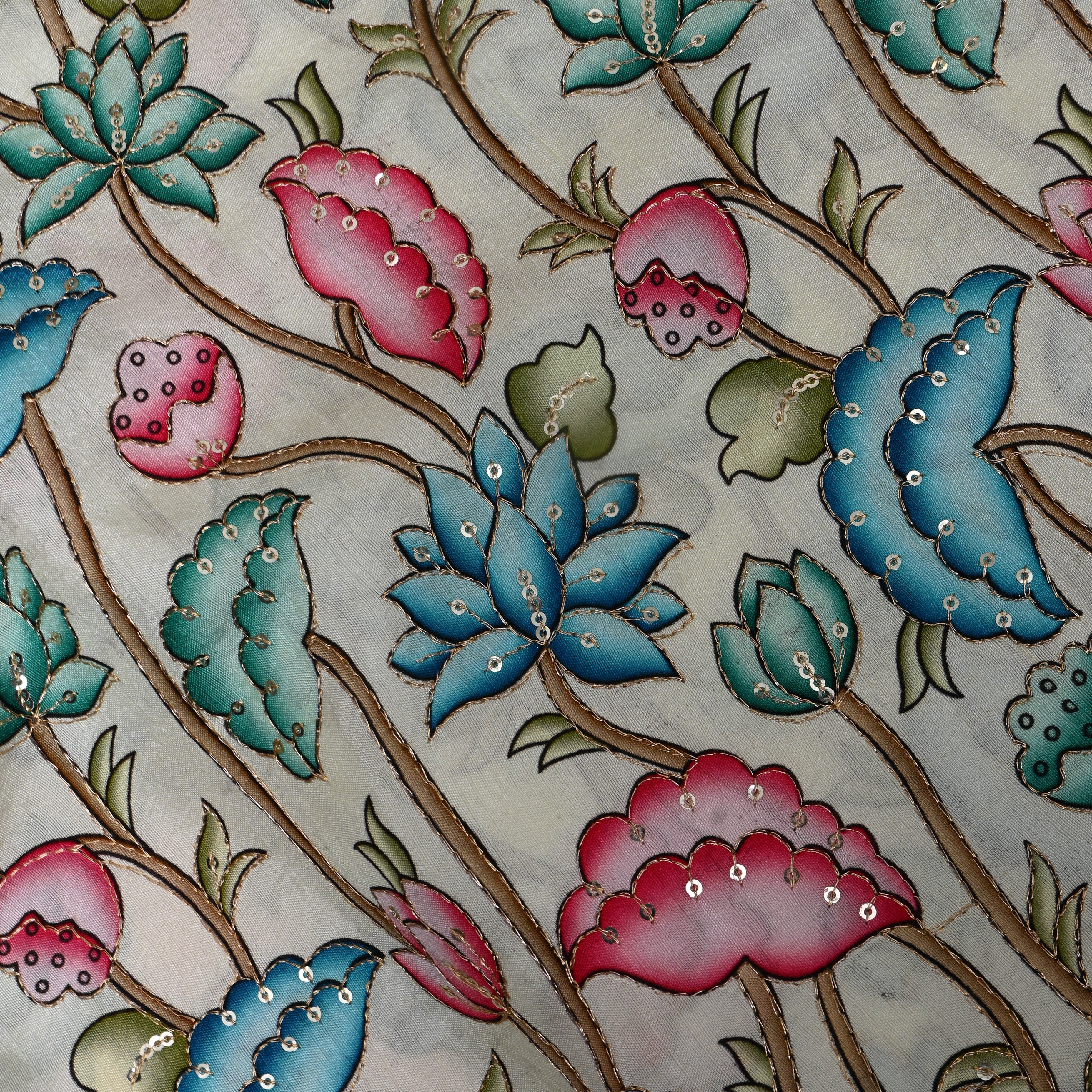 Ivory Teal Pink Floral Sequin Embroidery Chinon Silk Fabric