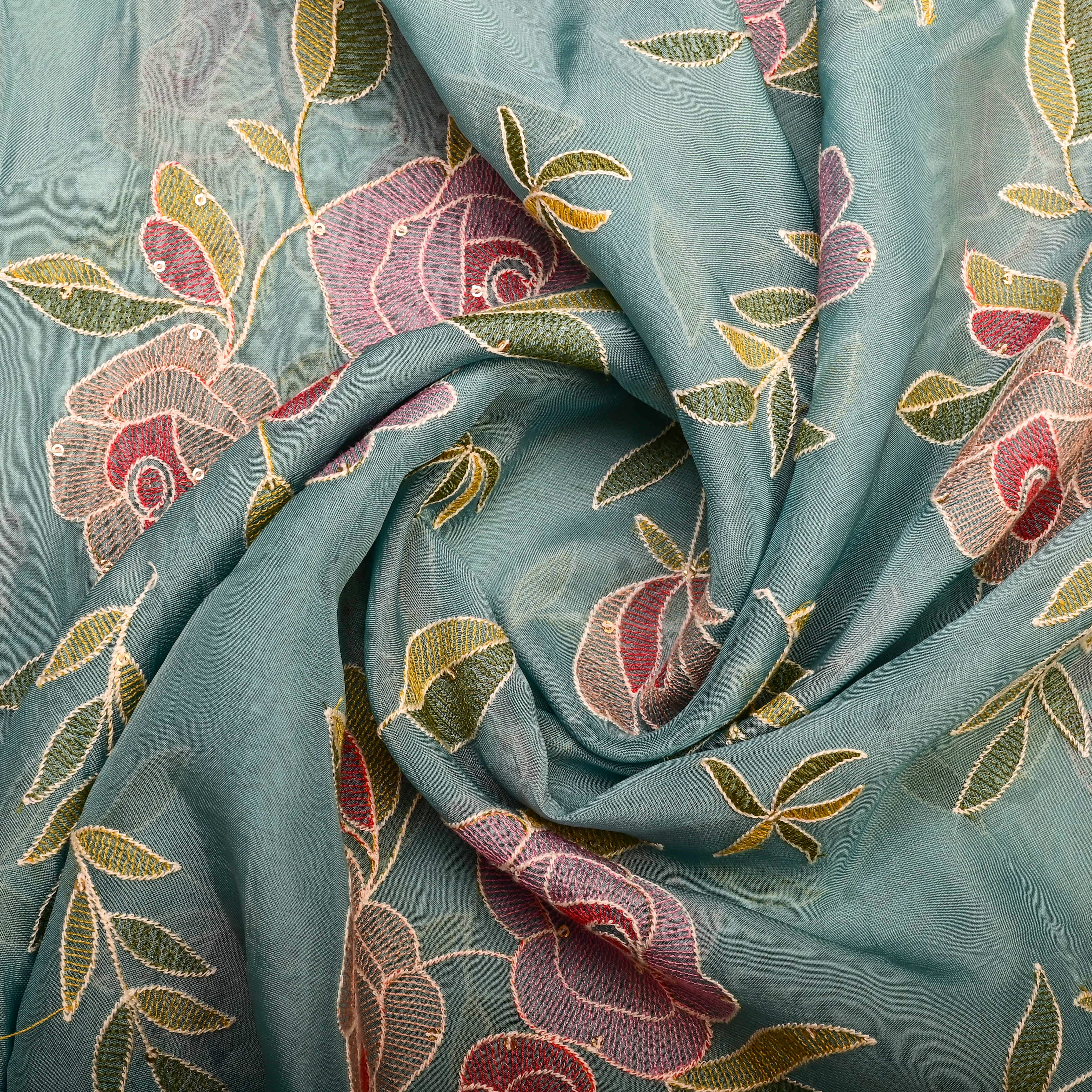 Dark Electric Blue Organza Fabric With Embroidery
