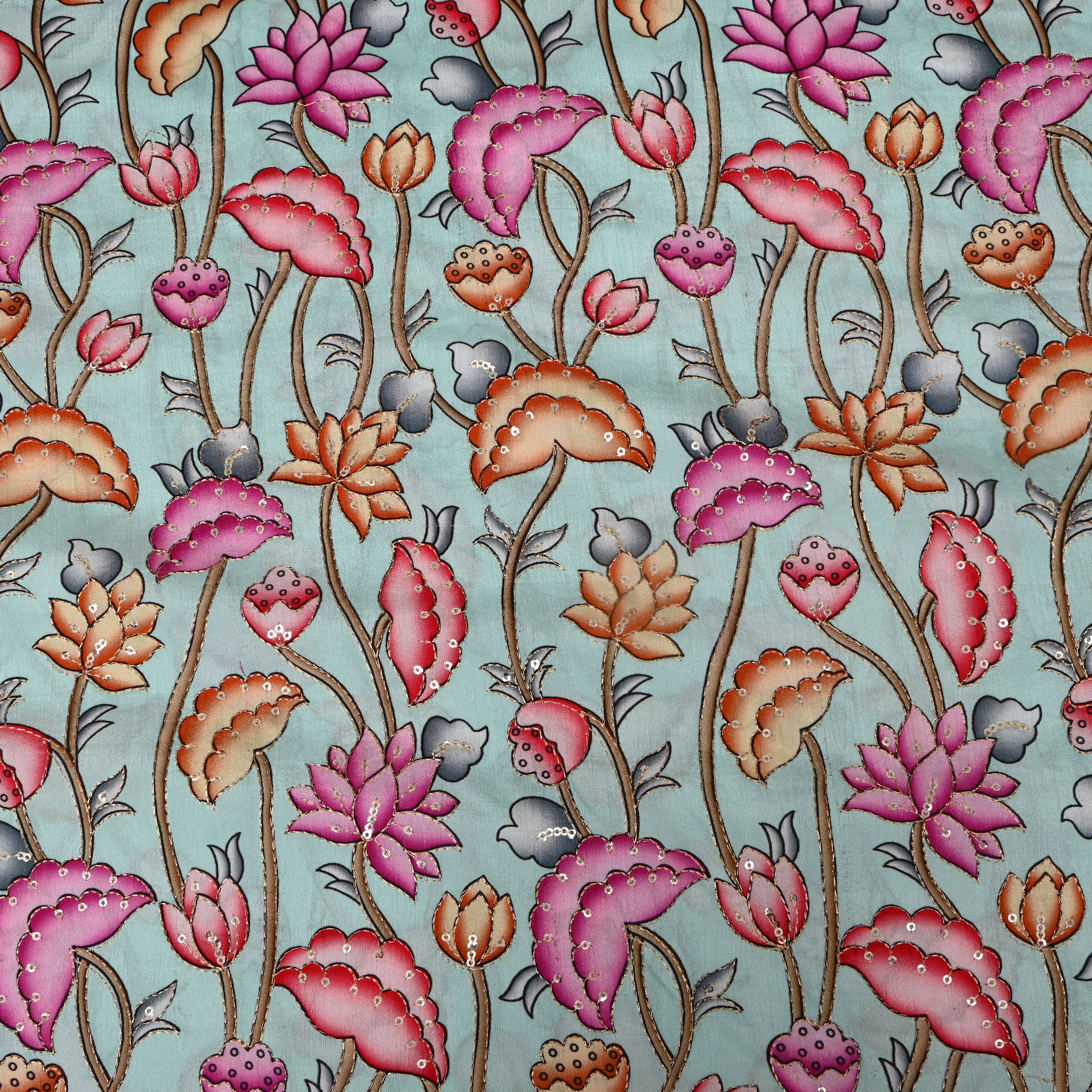 Sea Green Lotus Sequin Embroidery Chinon Silk Fabric