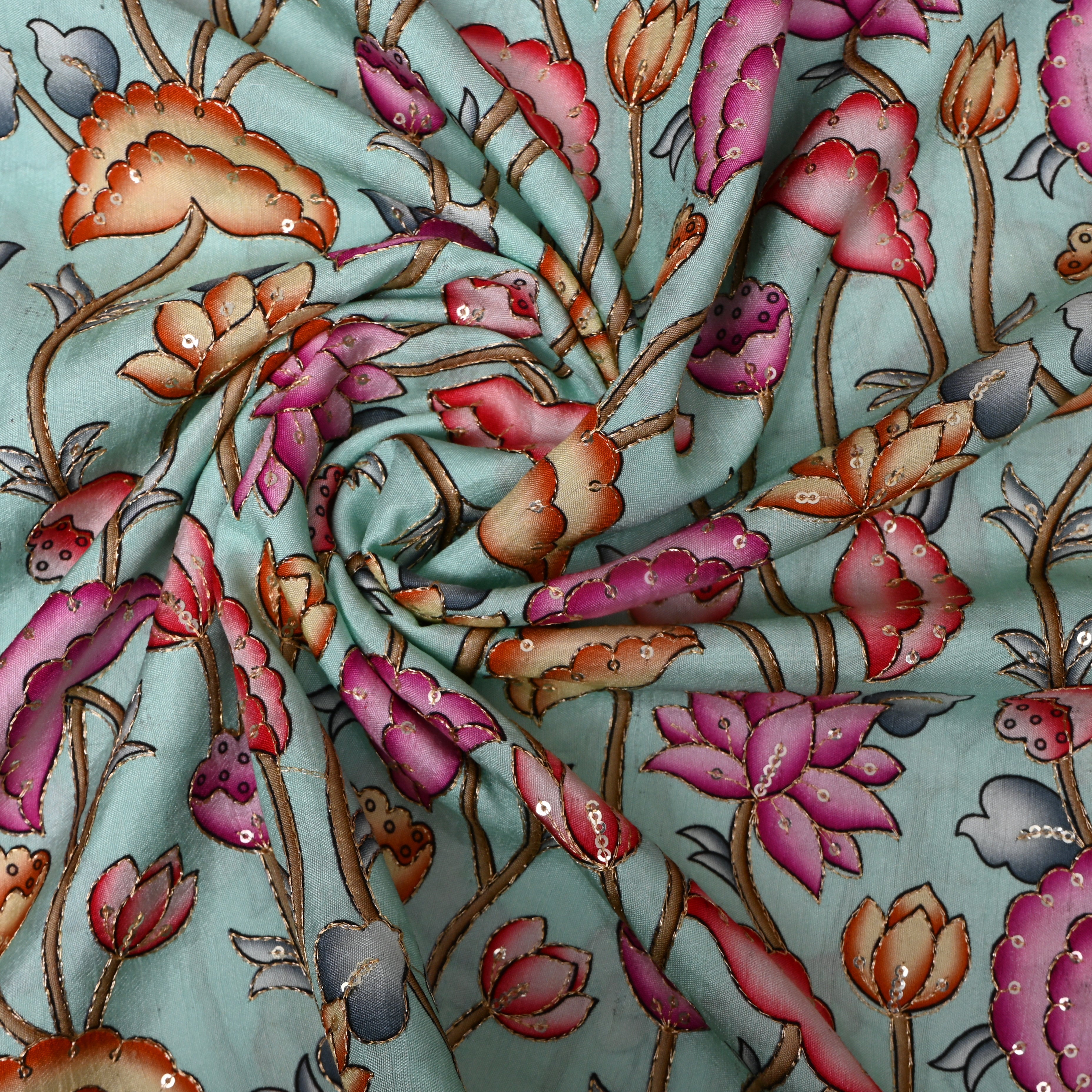 Sea Green Lotus Sequin Embroidery Chinon Silk Fabric