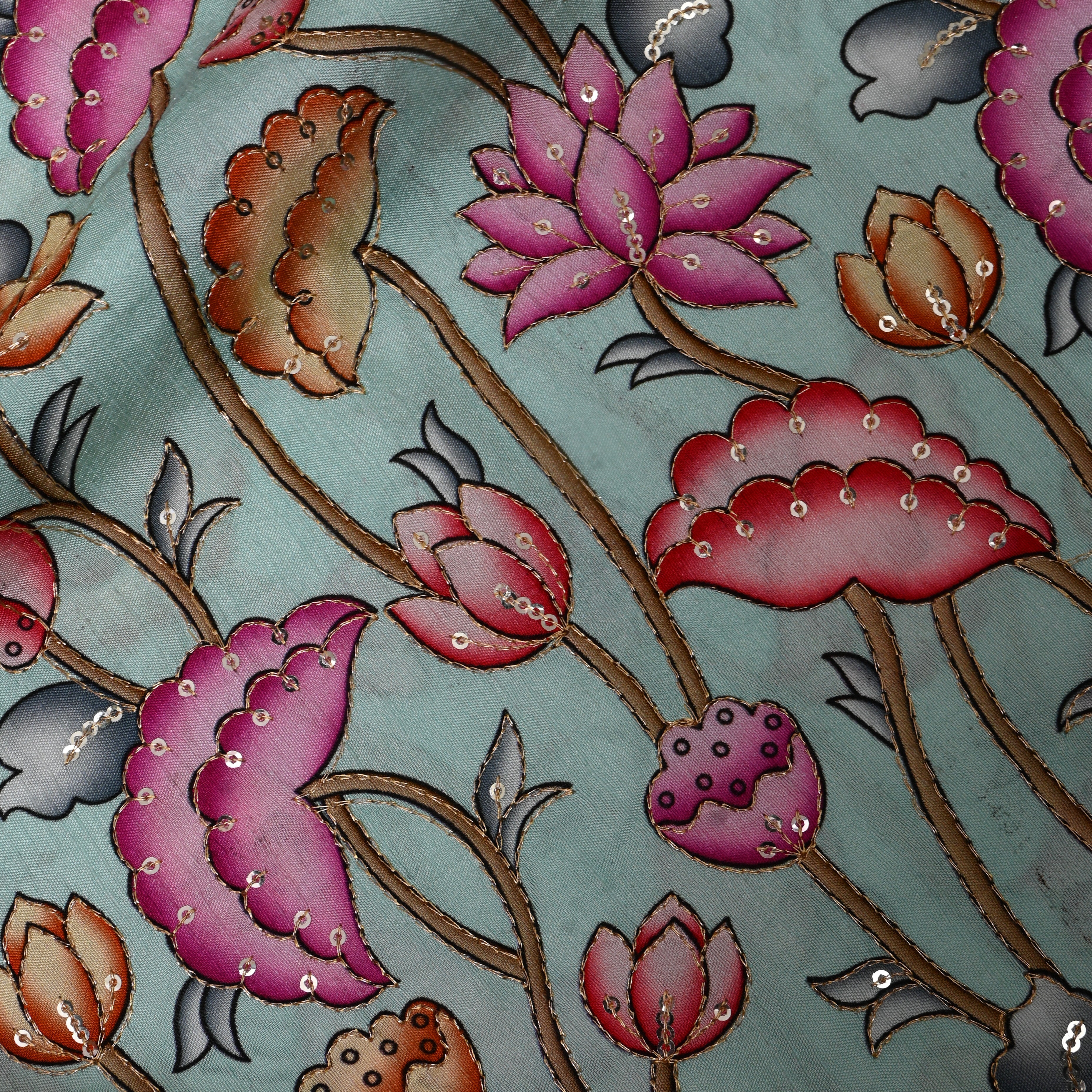 Sea Green Lotus Sequin Embroidery Chinon Silk Fabric